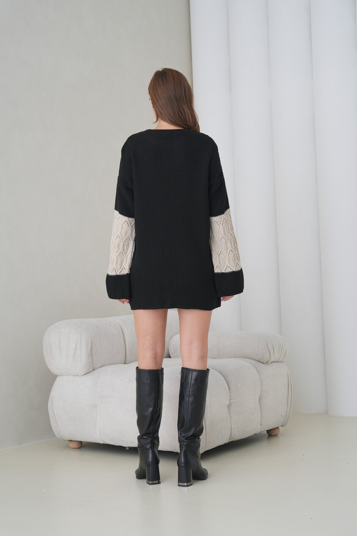 Kadın Kolları Uzun Kendinden Dokulu Bisiklet Yaka Tunik Boy Şık Kışlık Triko Kazak Cepli Elbise