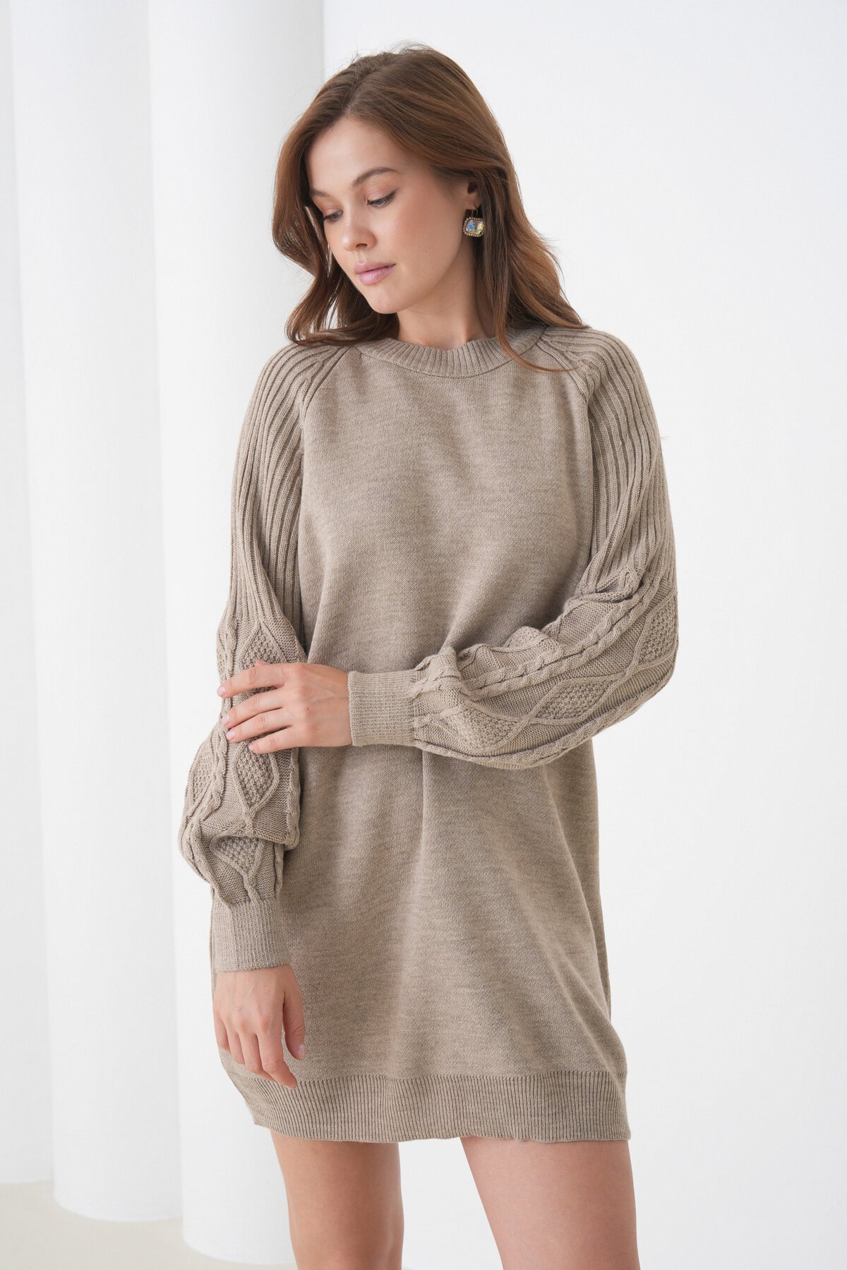 Kadın Kolları Uzun Kendinden Dokulu Bisiklet Yaka Tunik Boy Şık Kışlık Triko Kazak