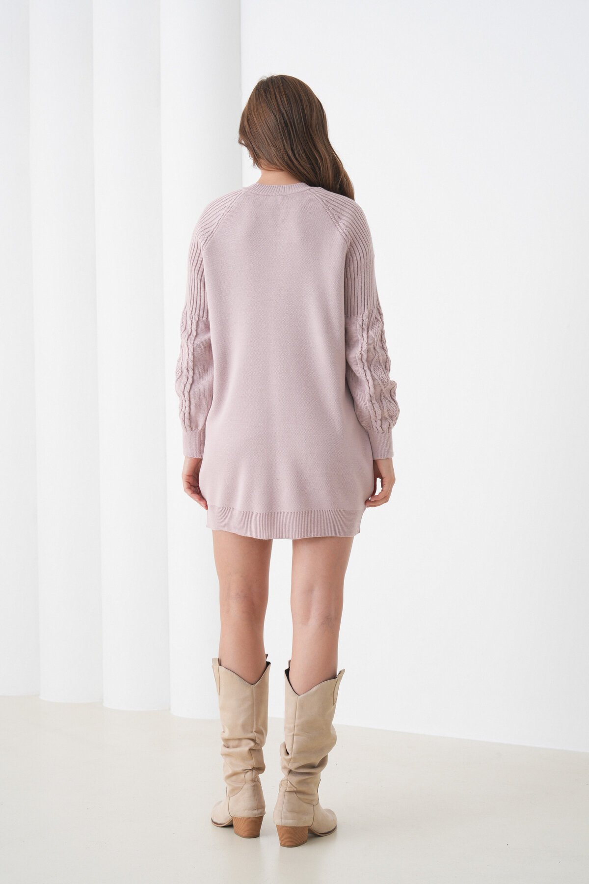 Kadın Kolları Uzun Kendinden Dokulu Bisiklet Yaka Tunik Boy Şık Kışlık Triko Büyük Beden Kazak