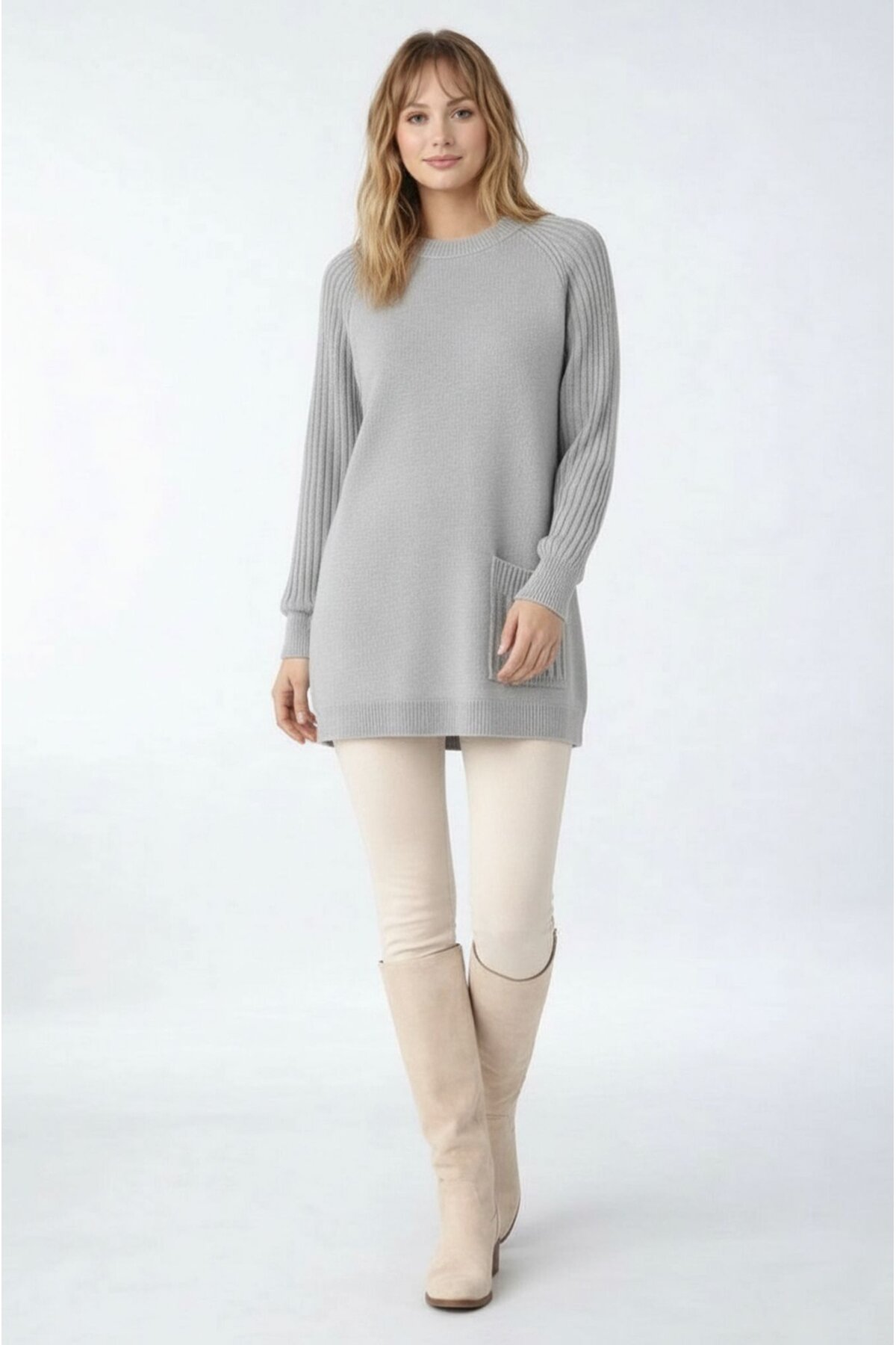 Kadın Kolları Uzun Kendinden Dokulu Bisiklet Yaka Tunik Boy Şık Kışlık Triko Büyük Beden Kazak