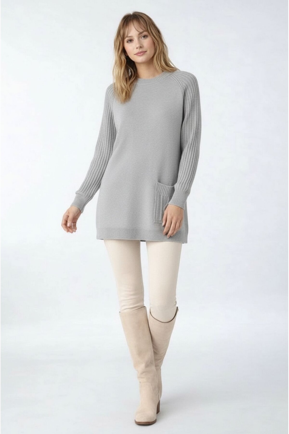 Kadın Kolları Uzun Kendinden Dokulu Bisiklet Yaka Tunik Boy Şık Kışlık Triko Büyük Beden Kazak