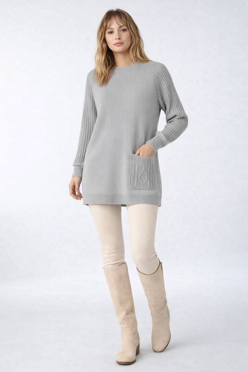 Kadın Kolları Uzun Kendinden Dokulu Bisiklet Yaka Tunik Boy Şık Kışlık Triko Büyük Beden Kazak