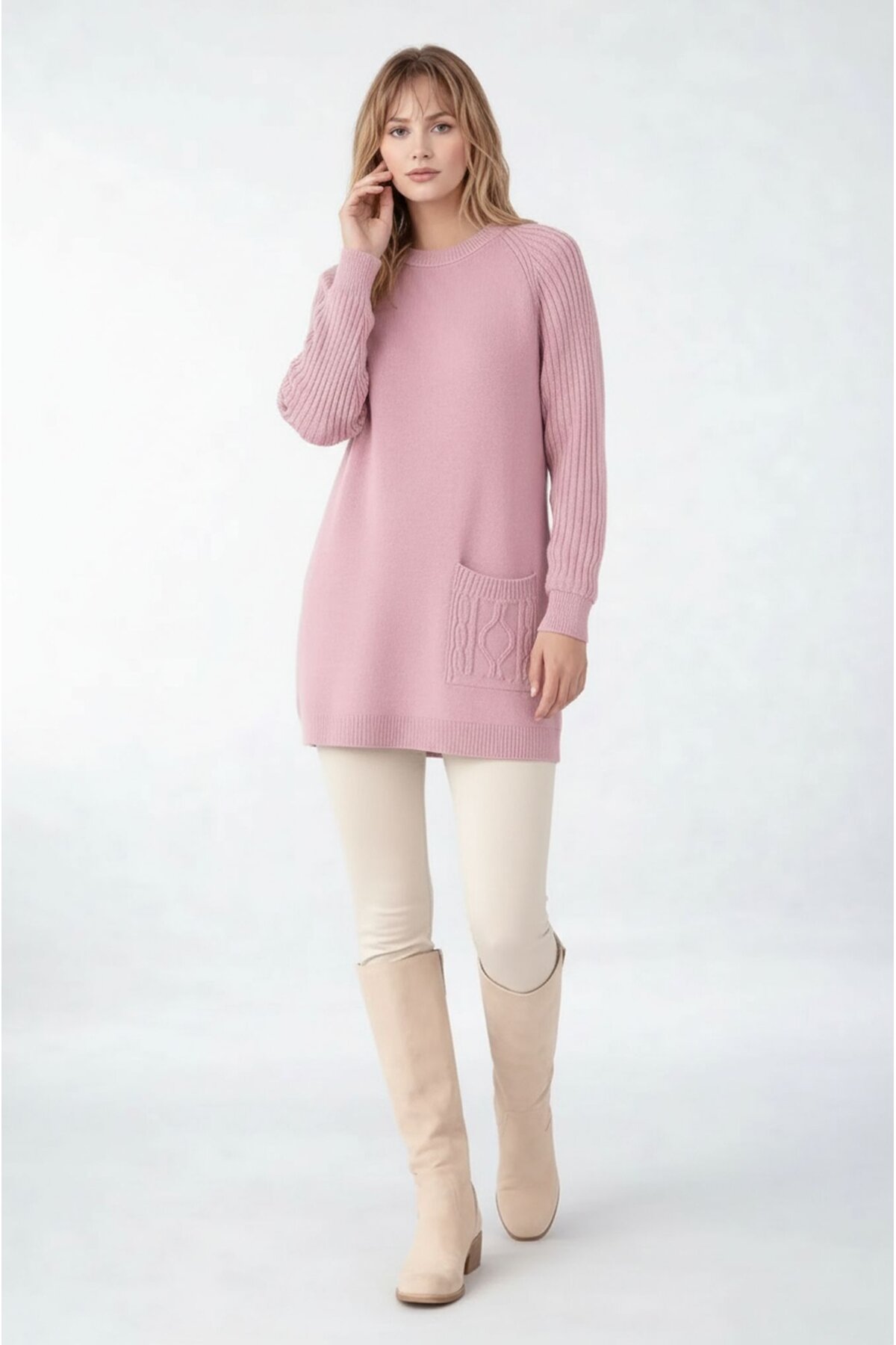 Kadın Kolları Uzun Kendinden Dokulu Bisiklet Yaka Tunik Boy Şık Kışlık Triko Büyük Beden Kazak