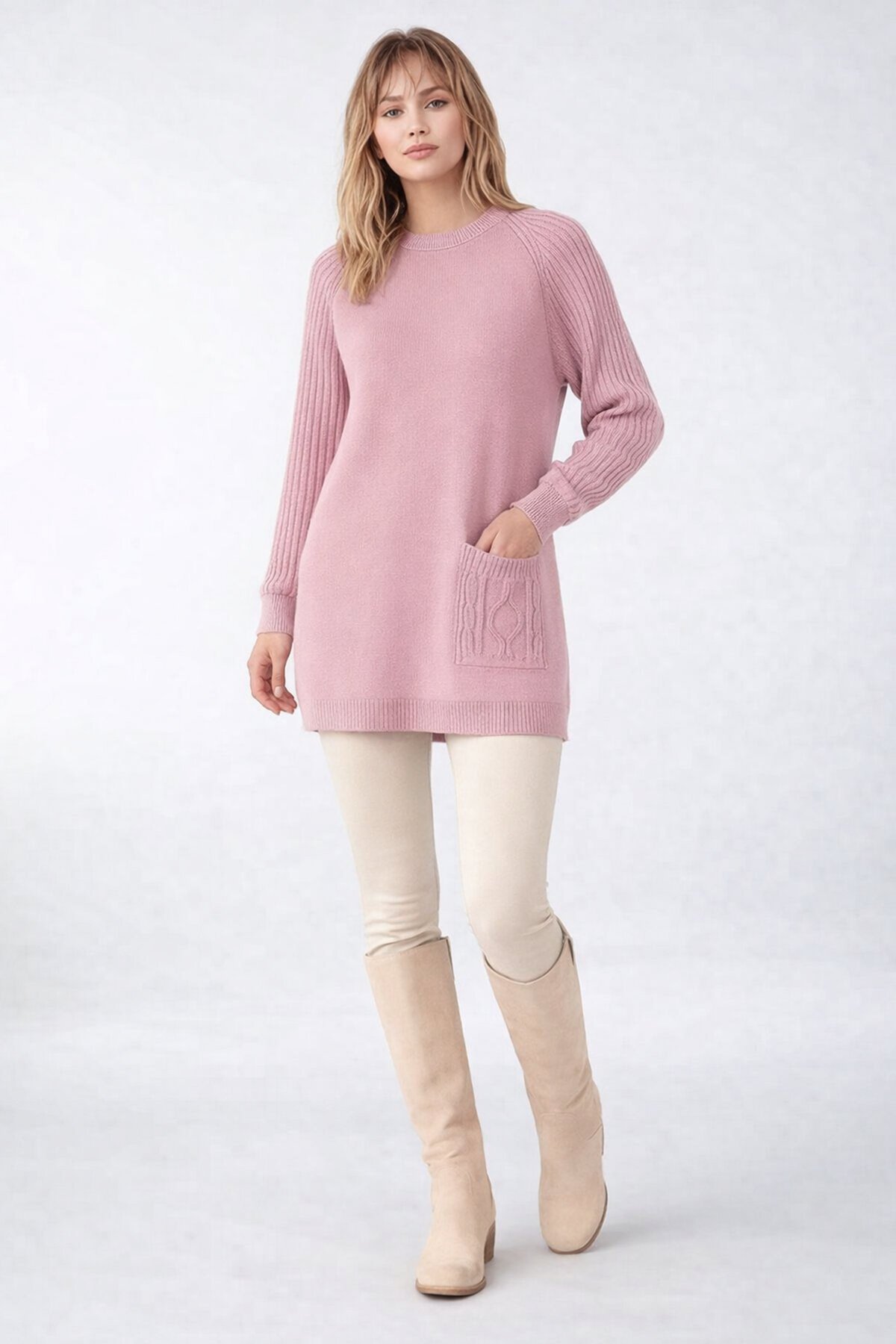 Kadın Kolları Uzun Kendinden Dokulu Bisiklet Yaka Tunik Boy Şık Kışlık Triko Büyük Beden Kazak