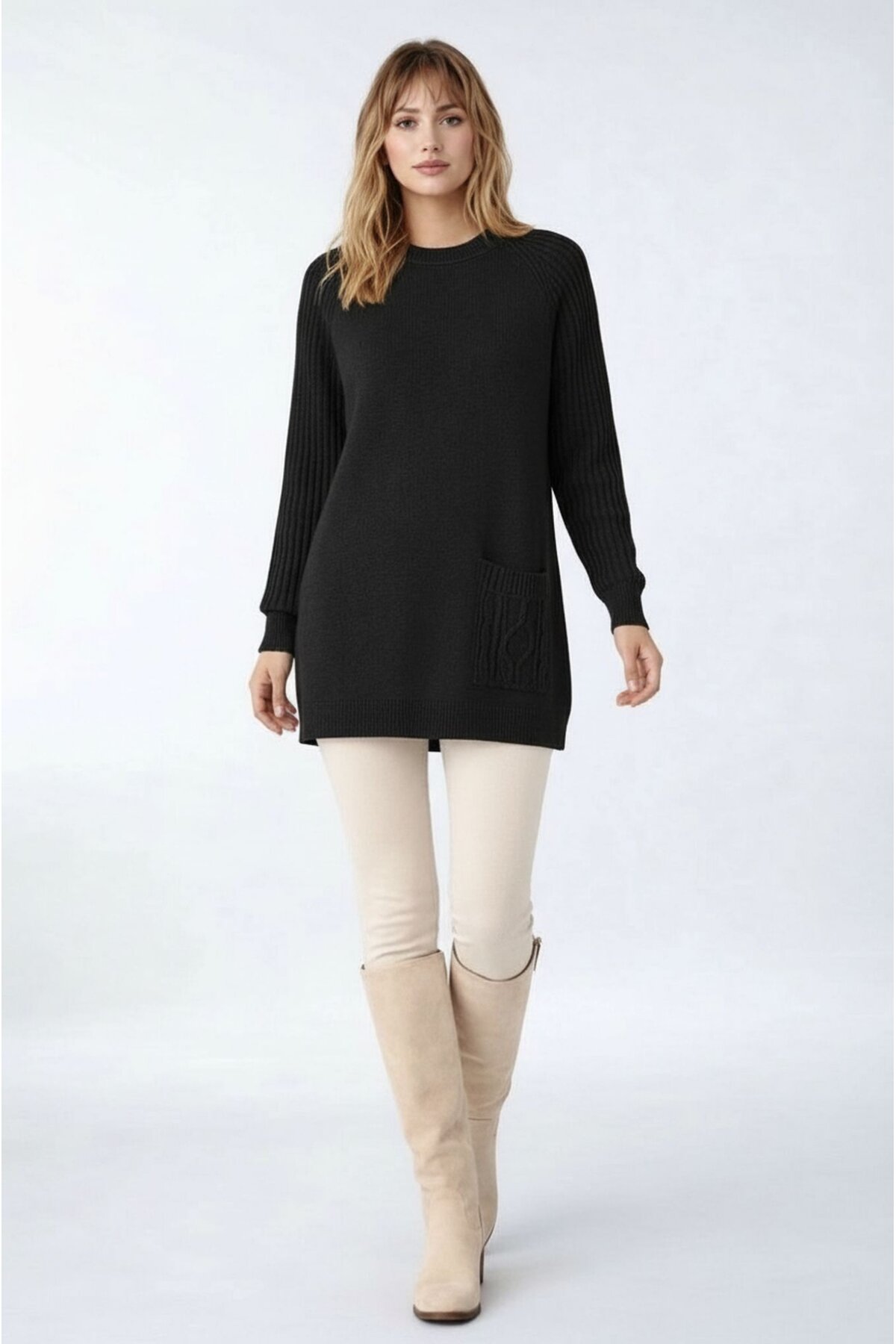 Kadın Kolları Uzun Kendinden Dokulu Bisiklet Yaka Tunik Boy Şık Kışlık Triko Büyük Beden Kazak