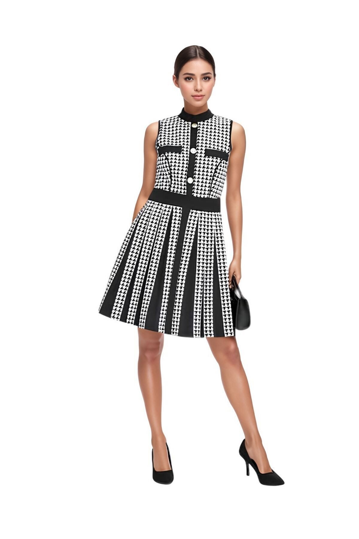 Kadın Kolsuz Çan Etek Kazayağı Desen Düğme Detay Büyük Beden Curve Şık Boy Elbise