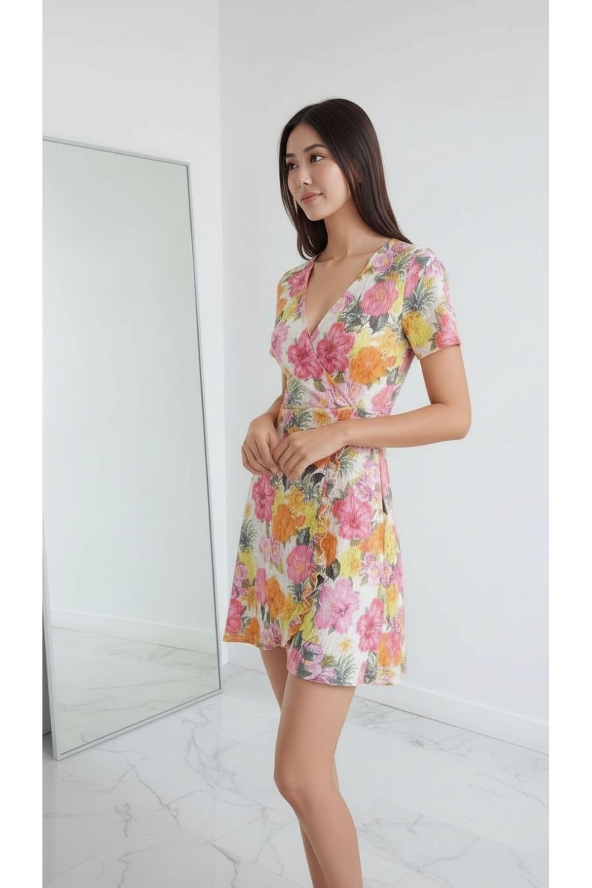 Kadın Kruvaze Yaka Volanlı Etek Bele Oturan Desenli Casual Şık  Mini Elbise
