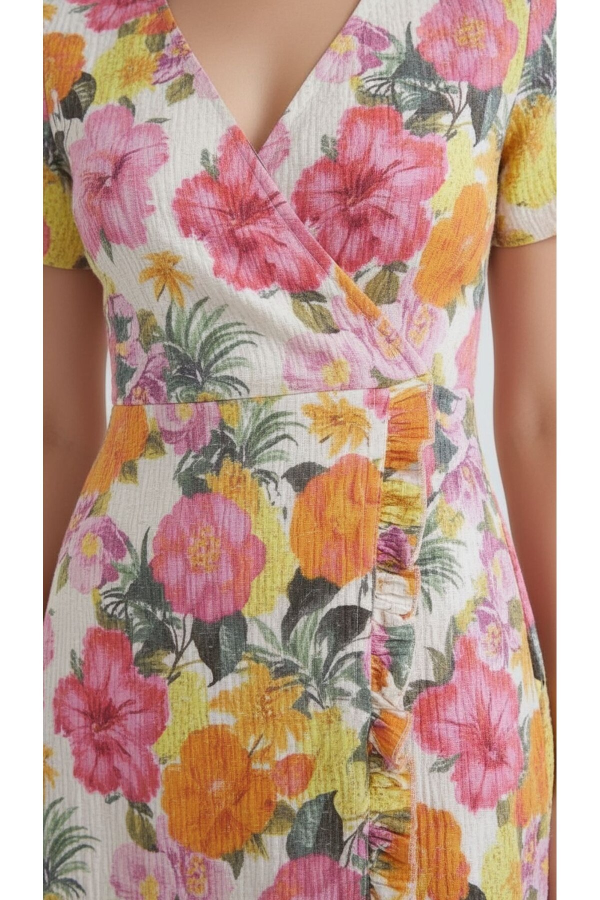 Kadın Kruvaze Yaka Volanlı Etek Bele Oturan Desenli Casual Şık  Mini Elbise