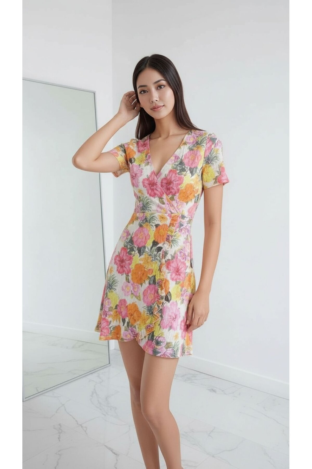 Kadın Kruvaze Yaka Volanlı Etek Bele Oturan Desenli Casual Şık  Mini Elbise