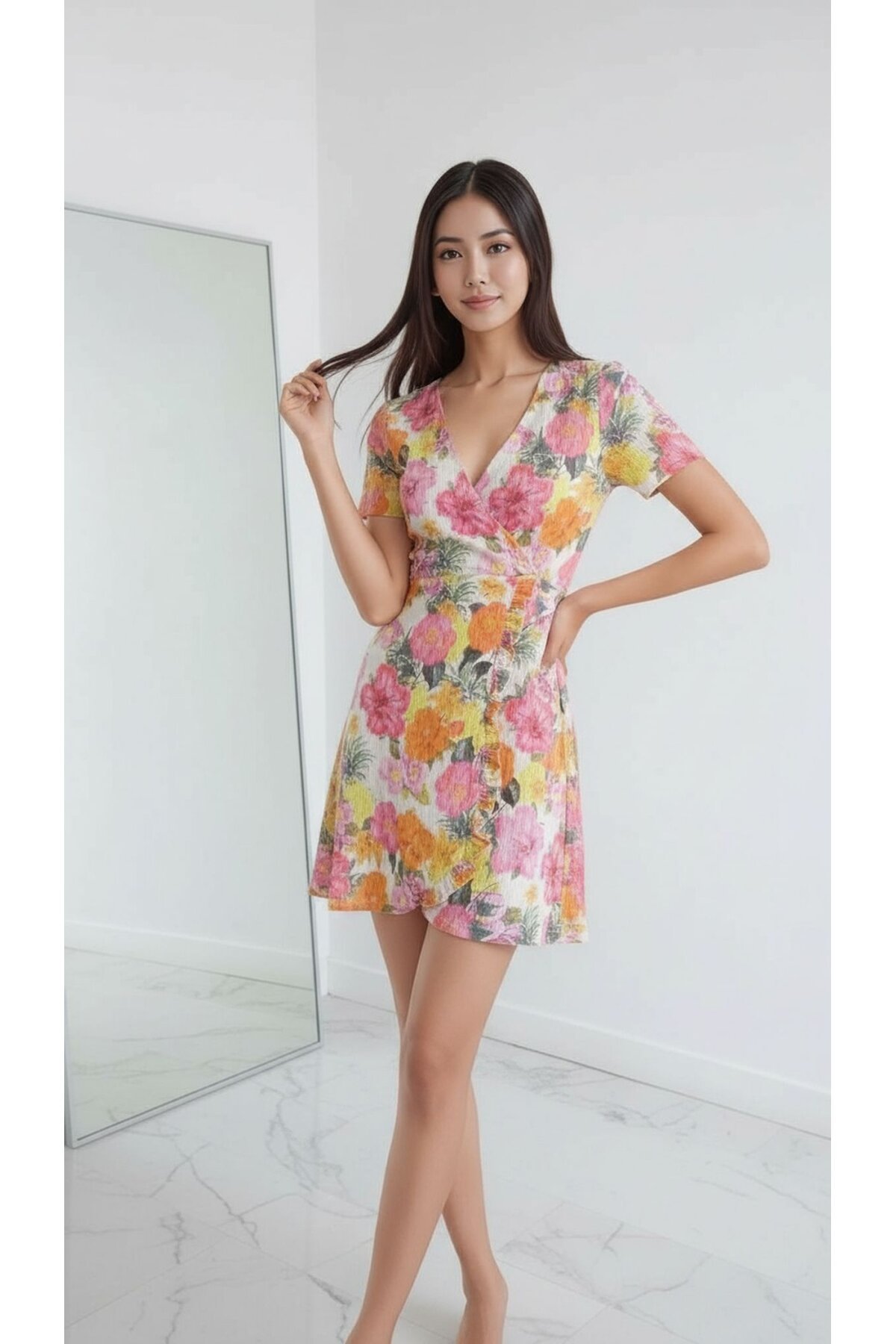 Kadın Kruvaze Yaka Volanlı Etek Bele Oturan Desenli Casual Şık  Mini Elbise