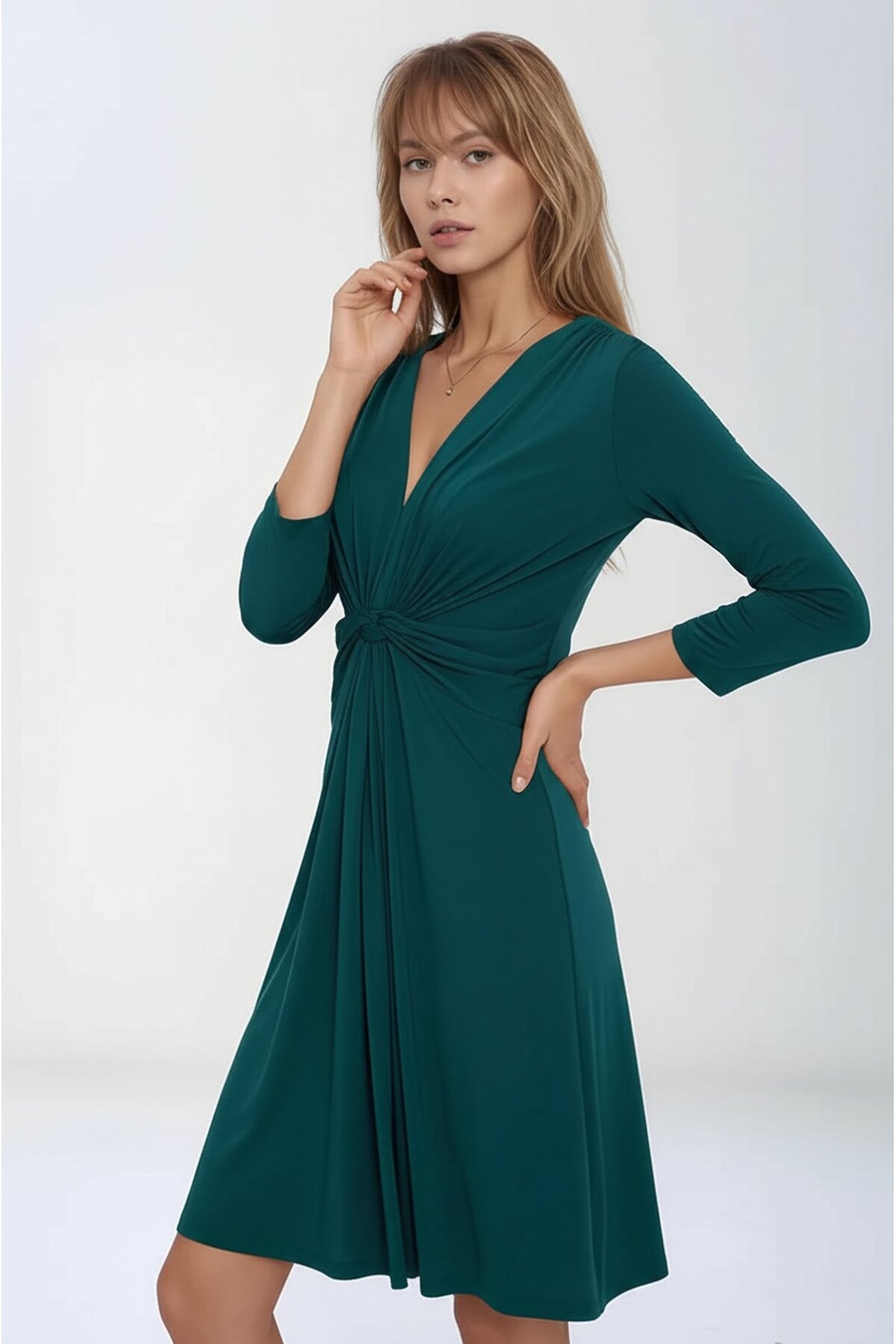 Kadın Önden Düğümlü V Yaka Spor Şık Truvakar Kol Casual Curve Hamile Elbisesi