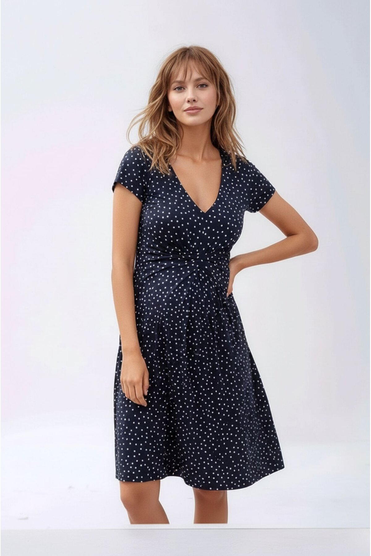 Kadın Önden Düğümlü Viskon Puantiyeli Spor Şık Hamile Elbisesi