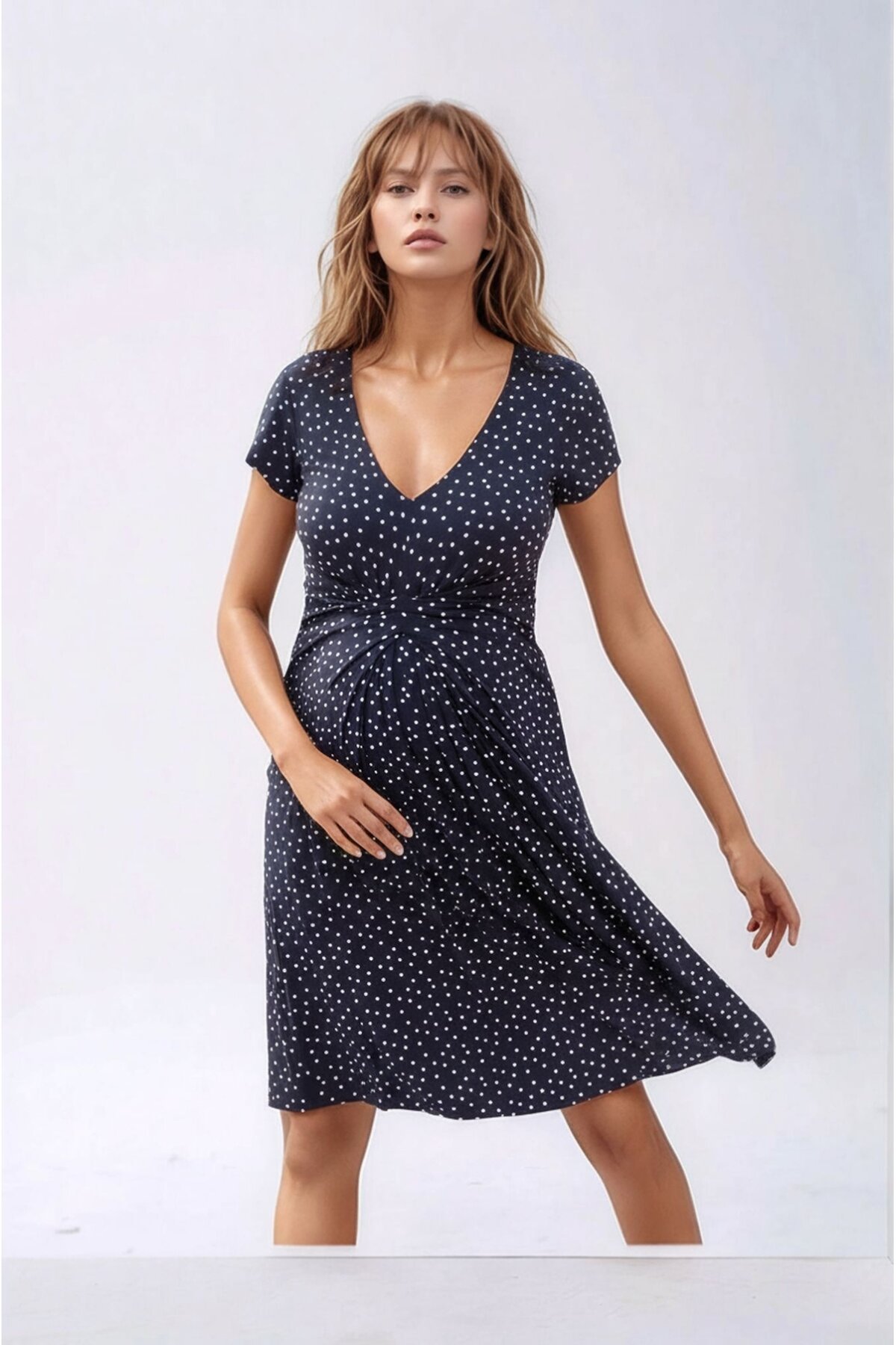 Kadın Önden Düğümlü Viskon Puantiyeli Spor Şık Hamile Elbisesi
