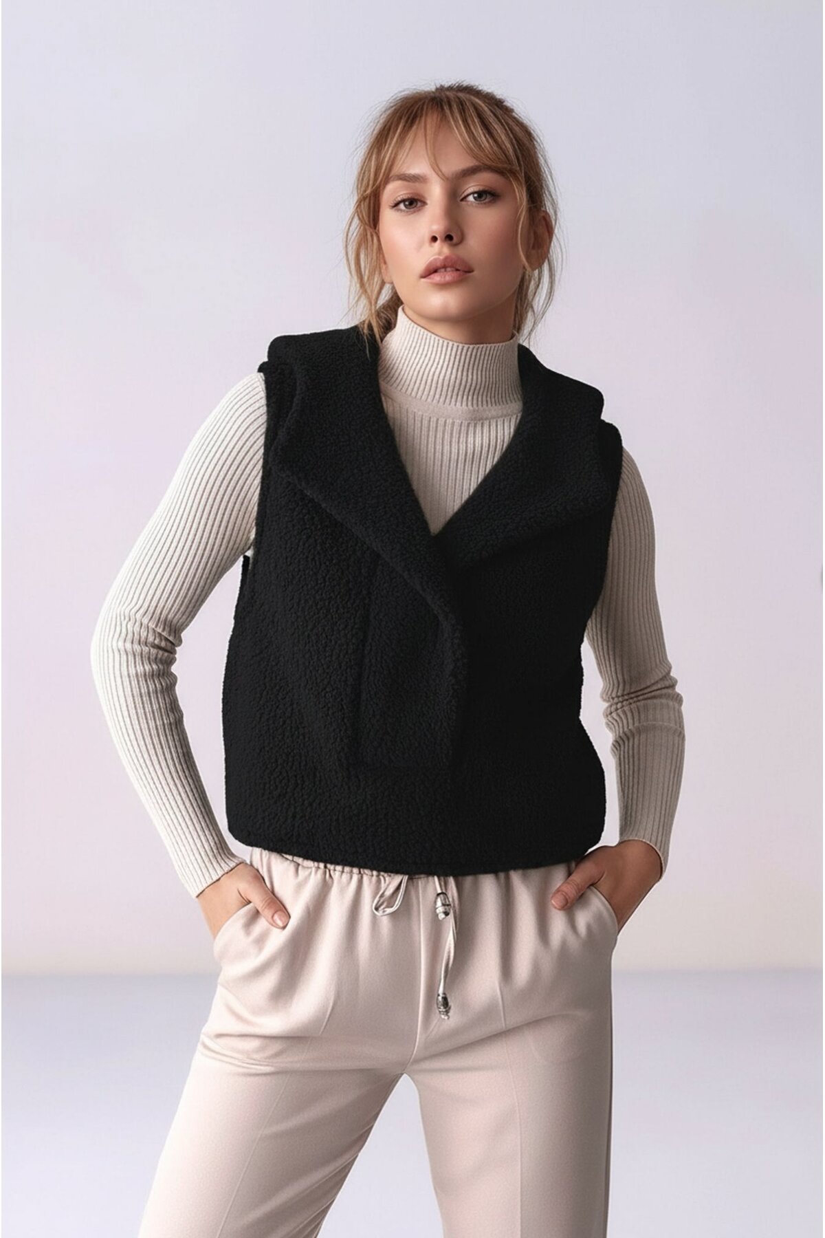 Kadın Önü Çıtçıtlı Kapüşonlu Yan Cepli Tasarım Yaka Spor Şık Crop Peluş Yelek