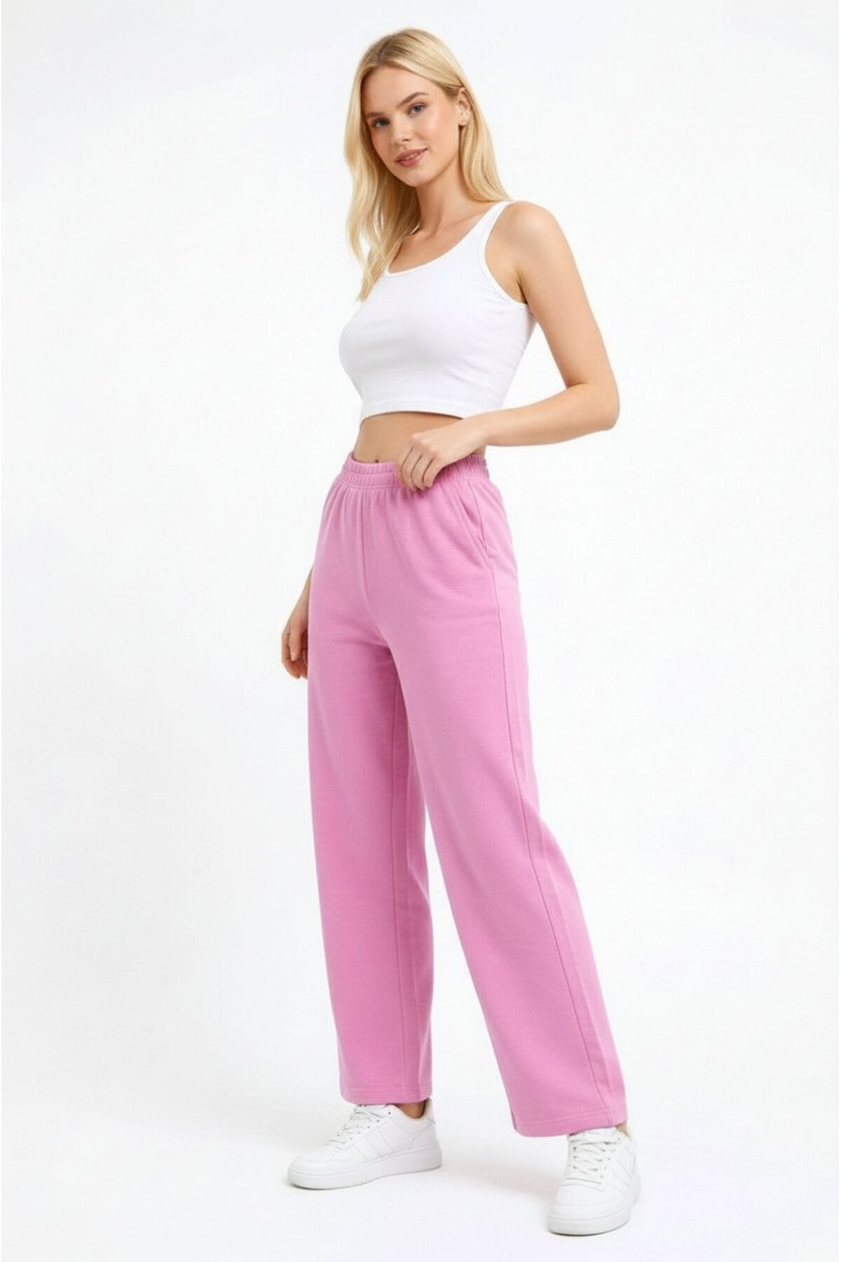 Kadın Orta Yüksek Bel Boru Paça Pamuklu Cepli Lastikli Spor Şık Eşofman Altı