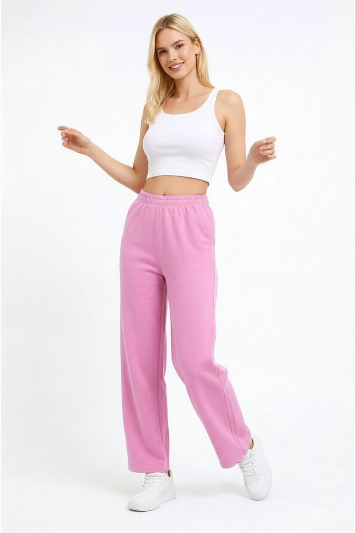 Kadın Orta Yüksek Bel Boru Paça Pamuklu Cepli Lastikli Spor Şık Eşofman Altı