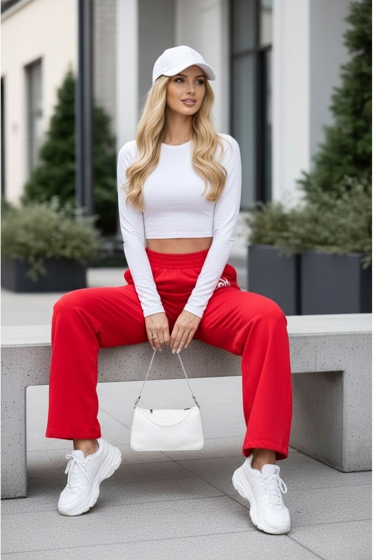 Kadın Yüksek Bel Boru Paça Pamuklu Cepli Lastikli Spor Şık Eşofman Altı