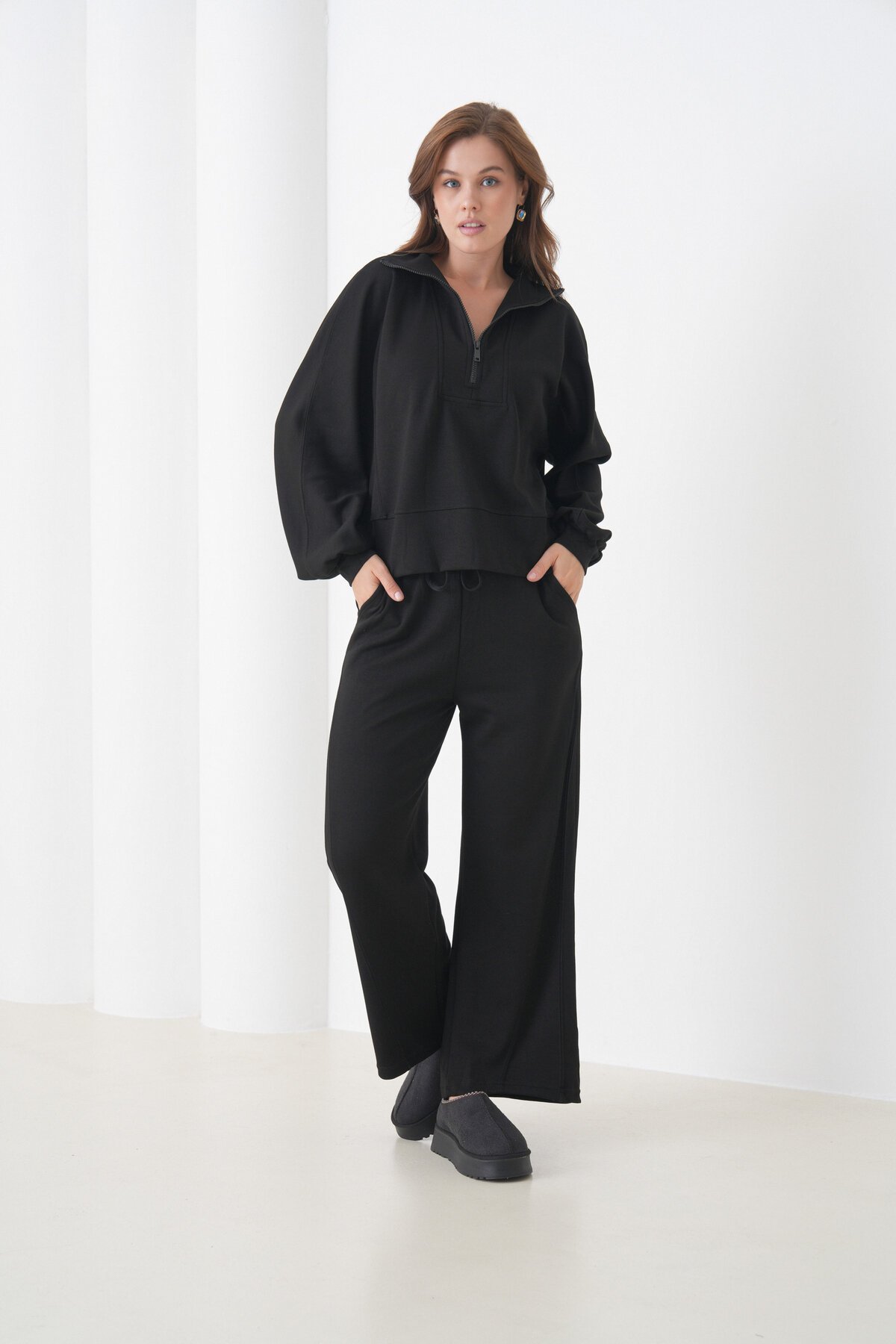 Kadın Oversize Fermuarlı Kapüşonlu Sweatshirt Geniş Paça Tesettüre Uygun Spor Şık Eşofman Takımı