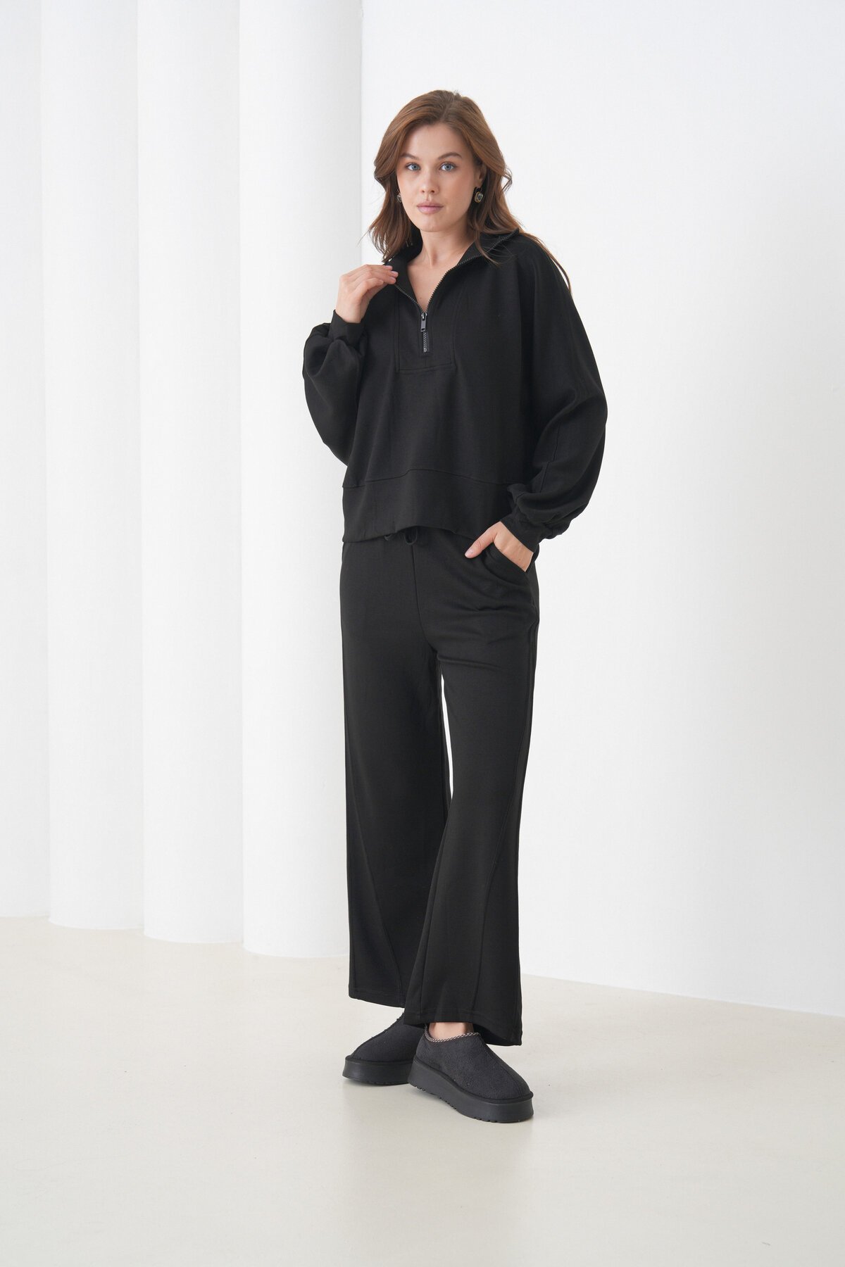 Kadın Oversize Fermuarlı Kapüşonlu Sweatshirt Geniş Paça Tesettüre Uygun Spor Şık Eşofman Takımı