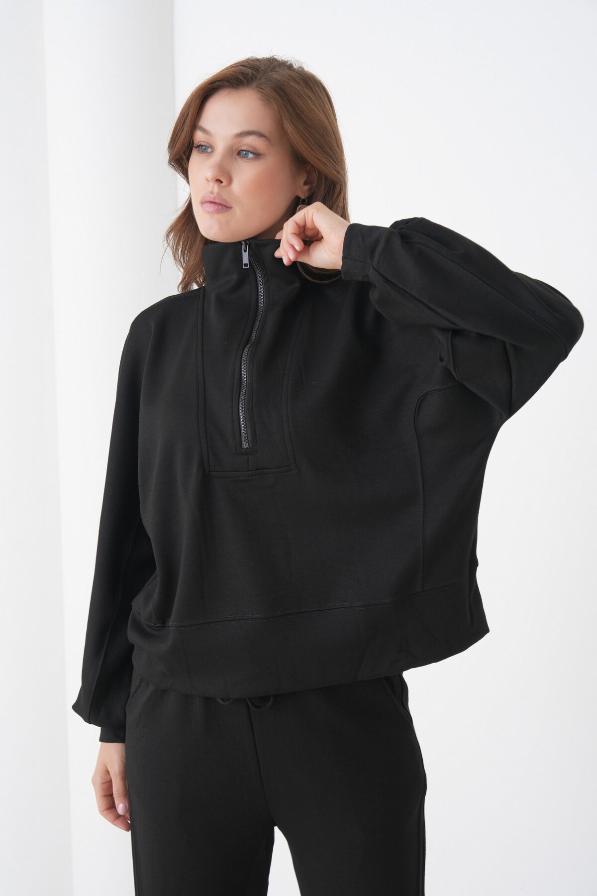 Kadın Oversize Fermuarlı Kapüşonlu Sweatshirt Geniş Paça Tesettüre Uygun Spor Şık Eşofman Takımı