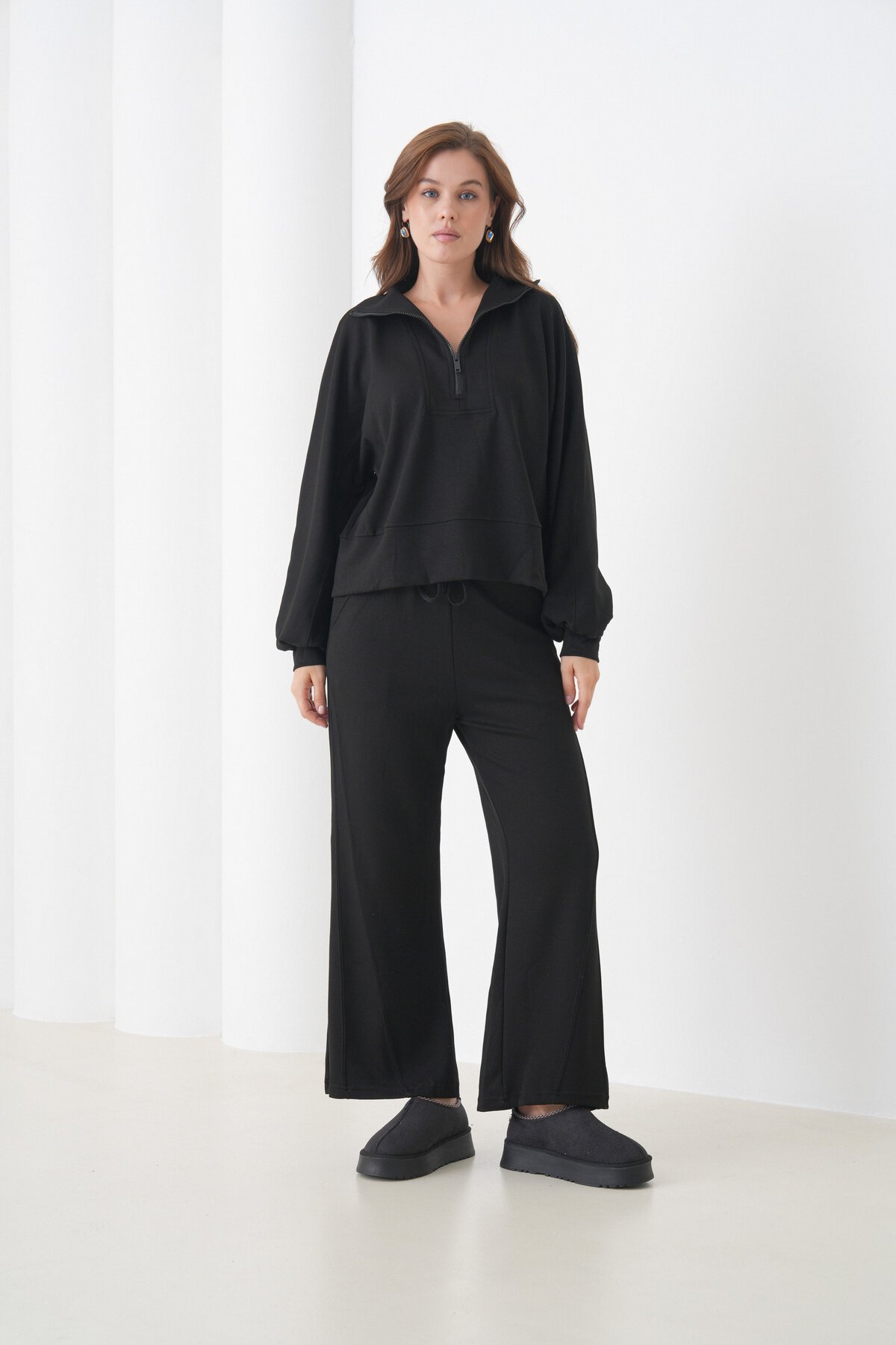 Kadın Oversize Fermuarlı Kapüşonlu Sweatshirt Geniş Paça Tesettüre Uygun Spor Şık Eşofman Takımı