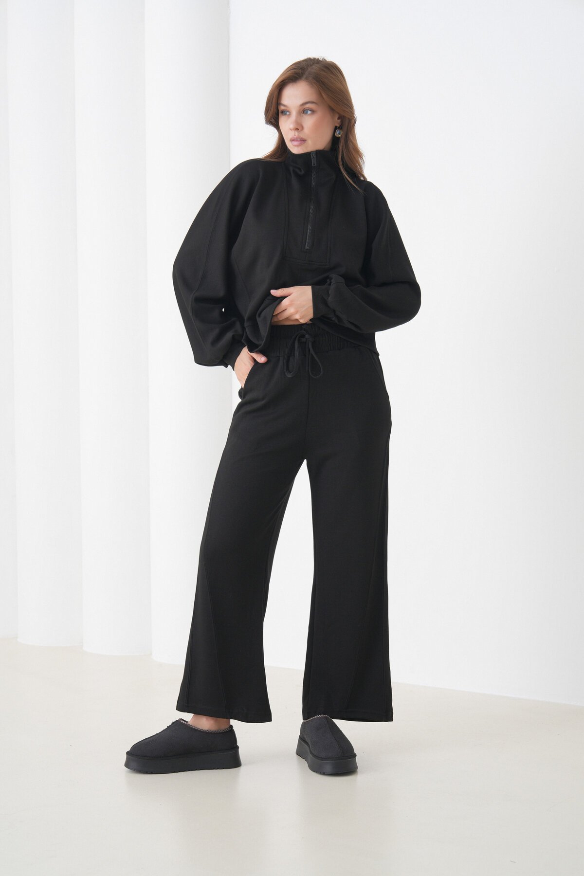 Kadın Oversize Fermuarlı Kapüşonlu Sweatshirt Geniş Paça Tesettüre Uygun Spor Şık Eşofman Takımı