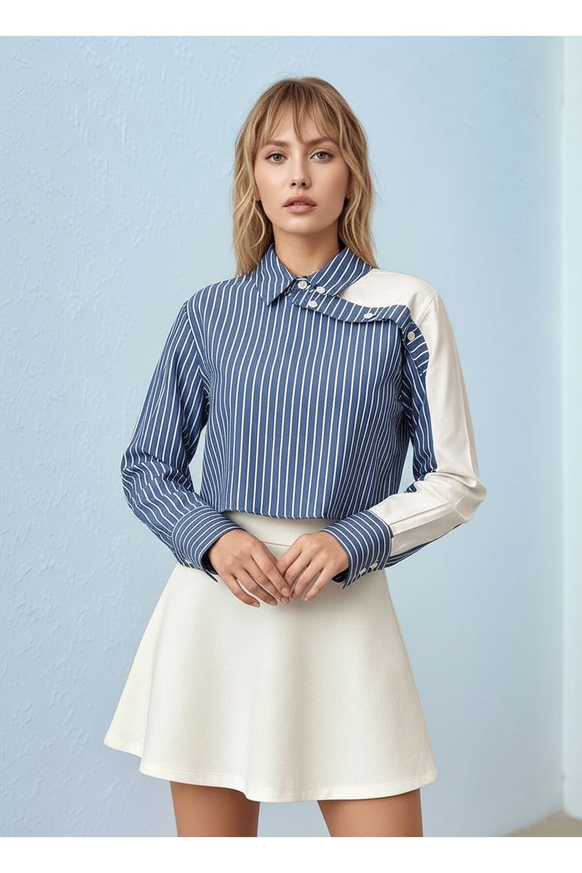 Kadın Özel Tasarım Yaka Kol Düğmeli Çizgi Garnili Crop Boy Kısa Bluz Gömlek