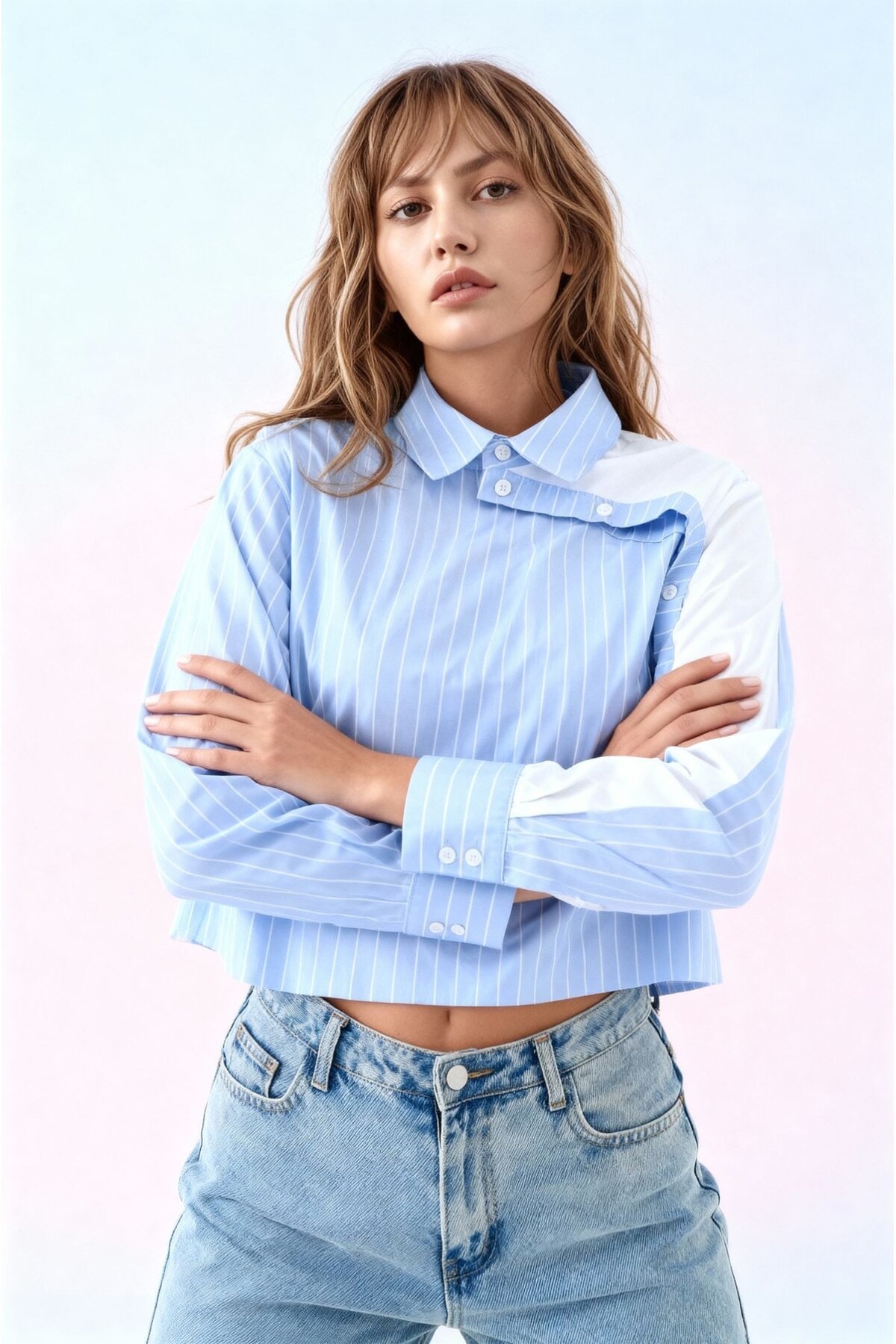 Kadın Özel Tasarım Yaka Koldan Düğmeli Çift Renk Crop Boy Bluz Kısa Gömlek