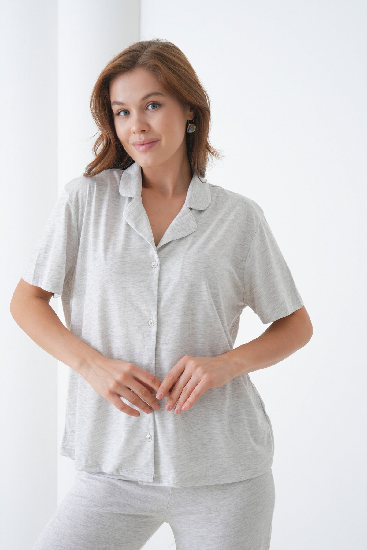 Kadın Pamuk Gömlek Kapri Şık Casual Curve Alt Üst Gecelik Takımı