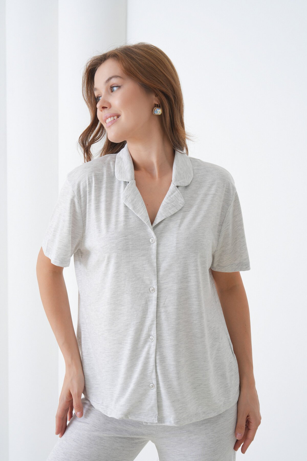 Kadın Pamuk Gömlek Kapri Şık Casual Curve Alt Üst Gecelik Takımı