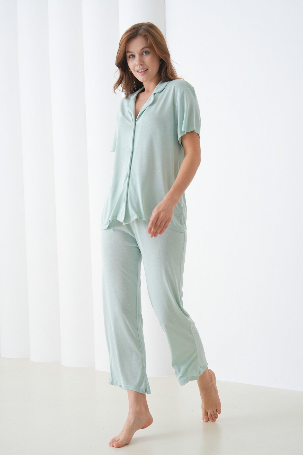 Kadın Pamuk Gömlek Kapri Şık Casual Curve Alt Üst Gecelik Takımı