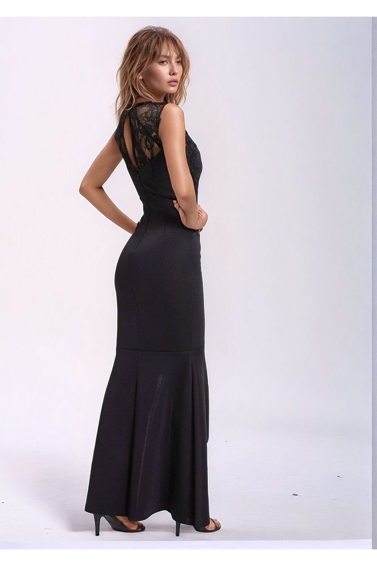 Kadın Pencere Güpürlü Yaka Asimetrik Etek Balık Model Ay Kol Şık Abiye Curve Büyük Beden Gece Elbise