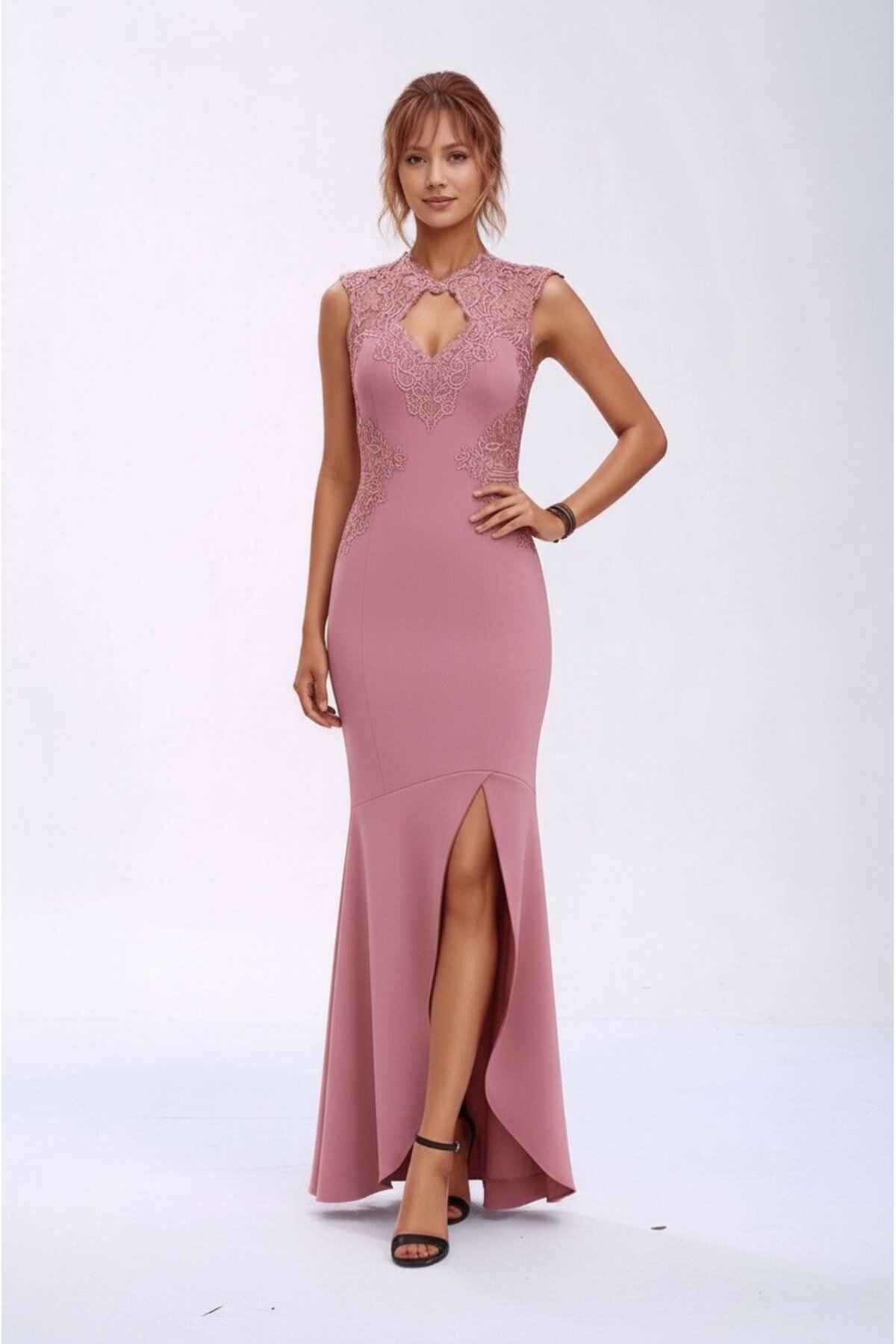 Kadın Pencere Güpürlü Yaka Asimetrik Etek Balık Model Ay Kol Şık Abiye Curve Büyük Beden Gece Elbise