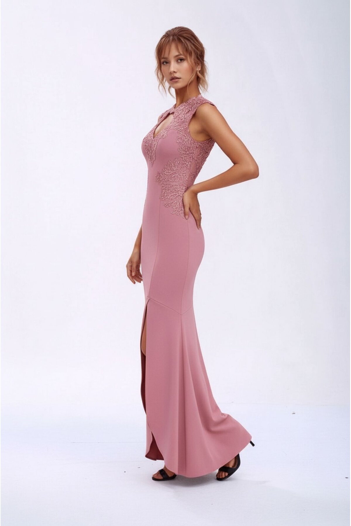 Kadın Pencere Güpürlü Yaka Asimetrik Etek Balık Model Ay Kol Şık Abiye Curve Büyük Beden Gece Elbise