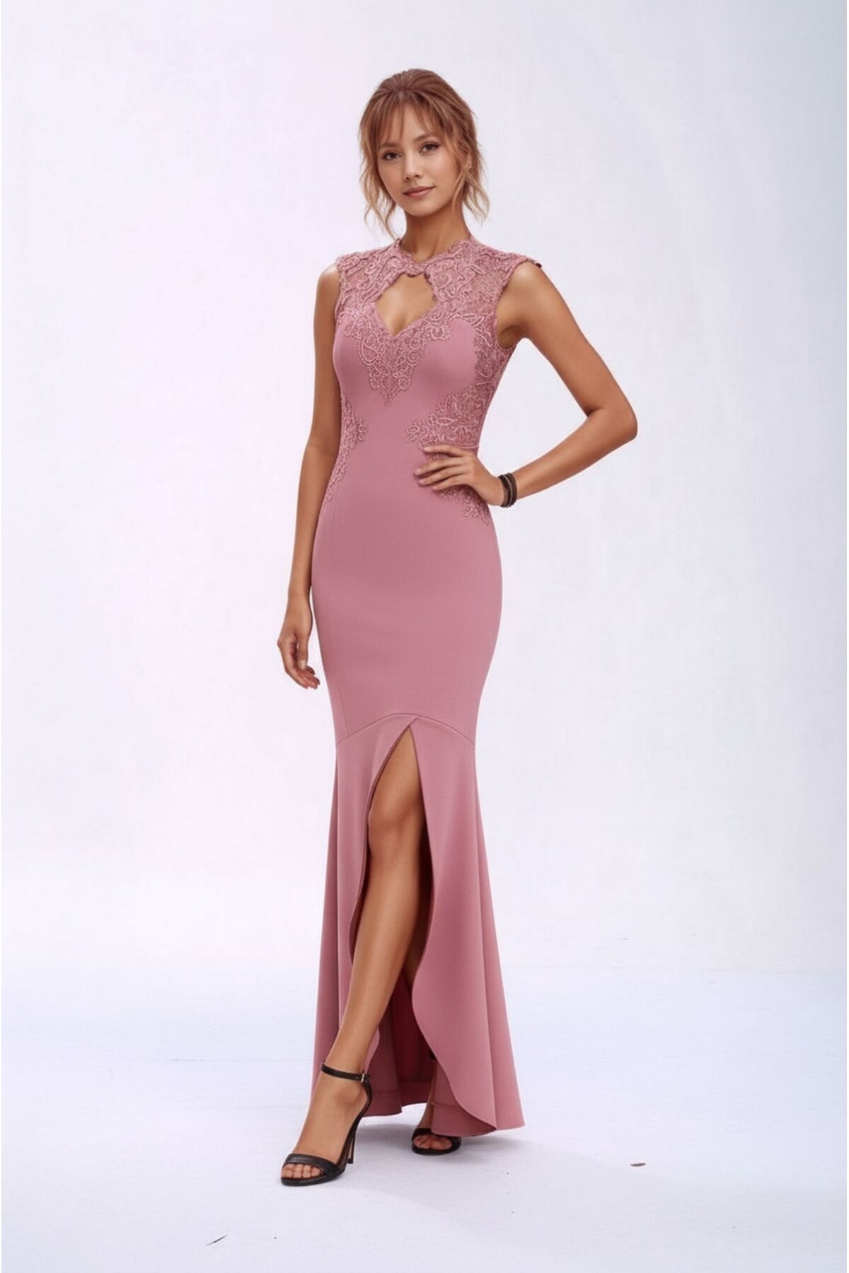 Kadın Pencere Güpürlü Yaka Asimetrik Etek Balık Model Ay Kol Şık Abiye Curve Büyük Beden Gece Elbise