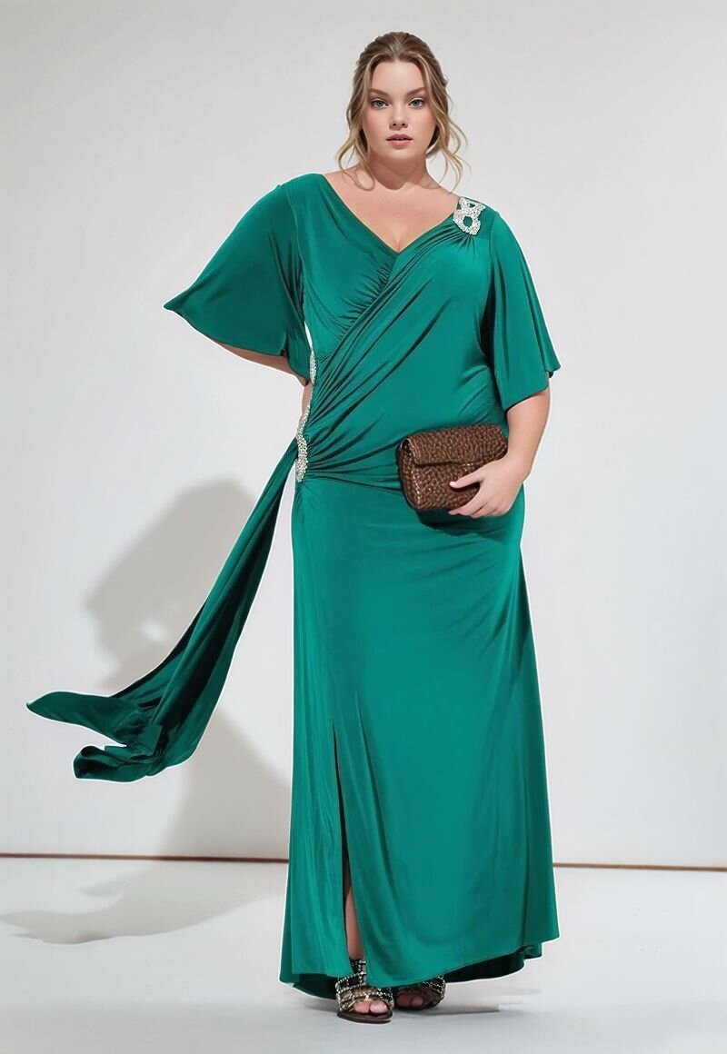 Kadın Pencere V Yaka Belden Oturmalı Taşlı Şık Abiye Curve Büyük Beden Gece Elbise