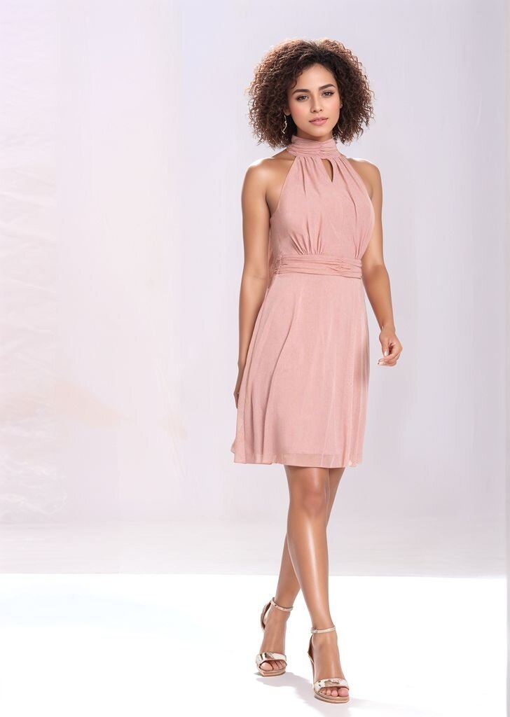 Kadın Pudra Şifon Yakası Pencere Detay Spor Şık Abiye Elbise