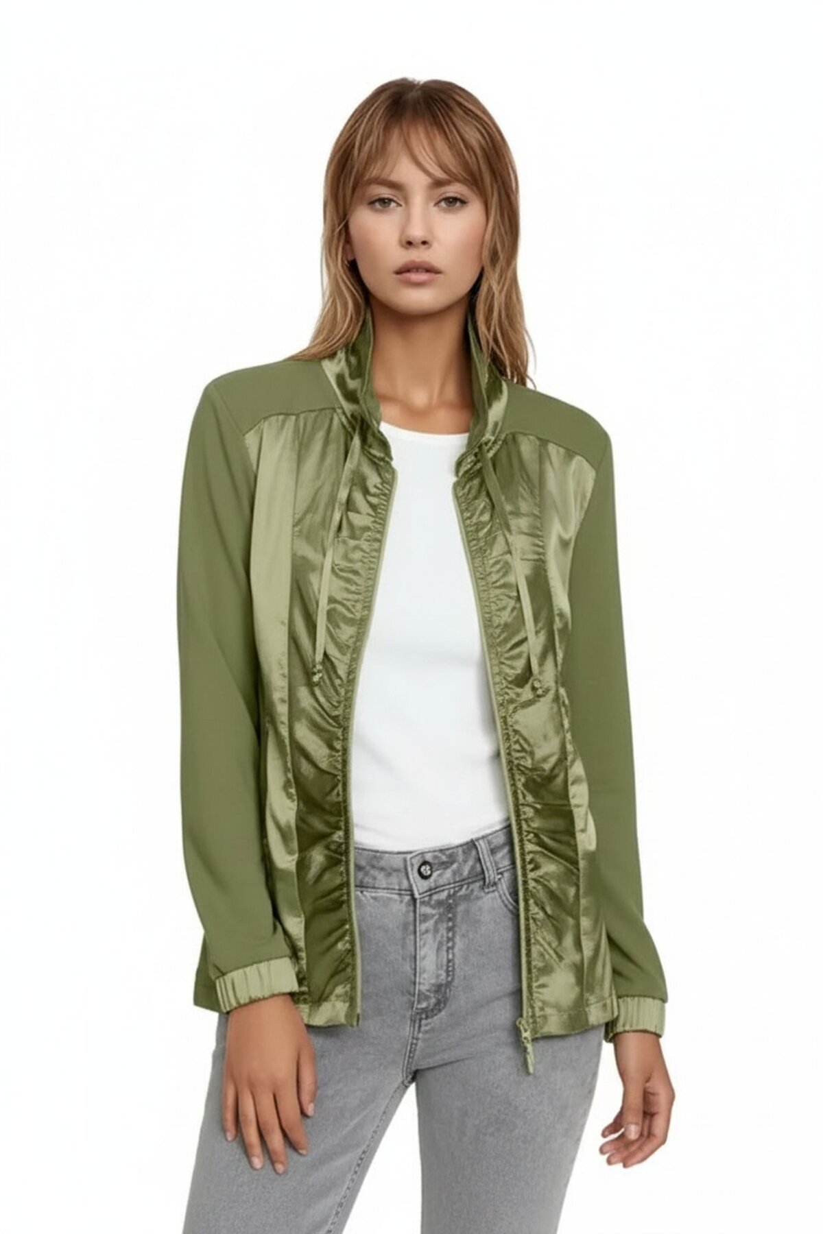 Kadın Saten Karşım Önden Büzgülü Fermuarlı Hakim Yaka Uzun Kol Spor Şık Büyük Beden Curve Ceket