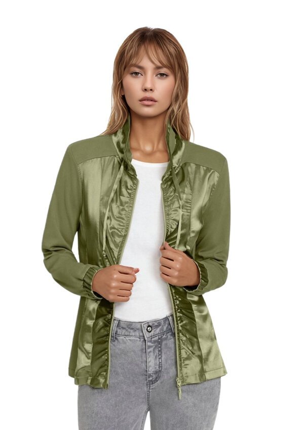 Kadın Saten Karşım Önden Büzgülü Fermuarlı Hakim Yaka Uzun Kol Spor Şık Büyük Beden Curve Ceket