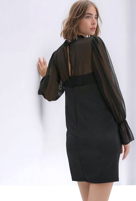 Kadın Siyah Tül Yaka Uzun Kol Mini Curve Rahat Kalıp Abiye Gece Elbisesi