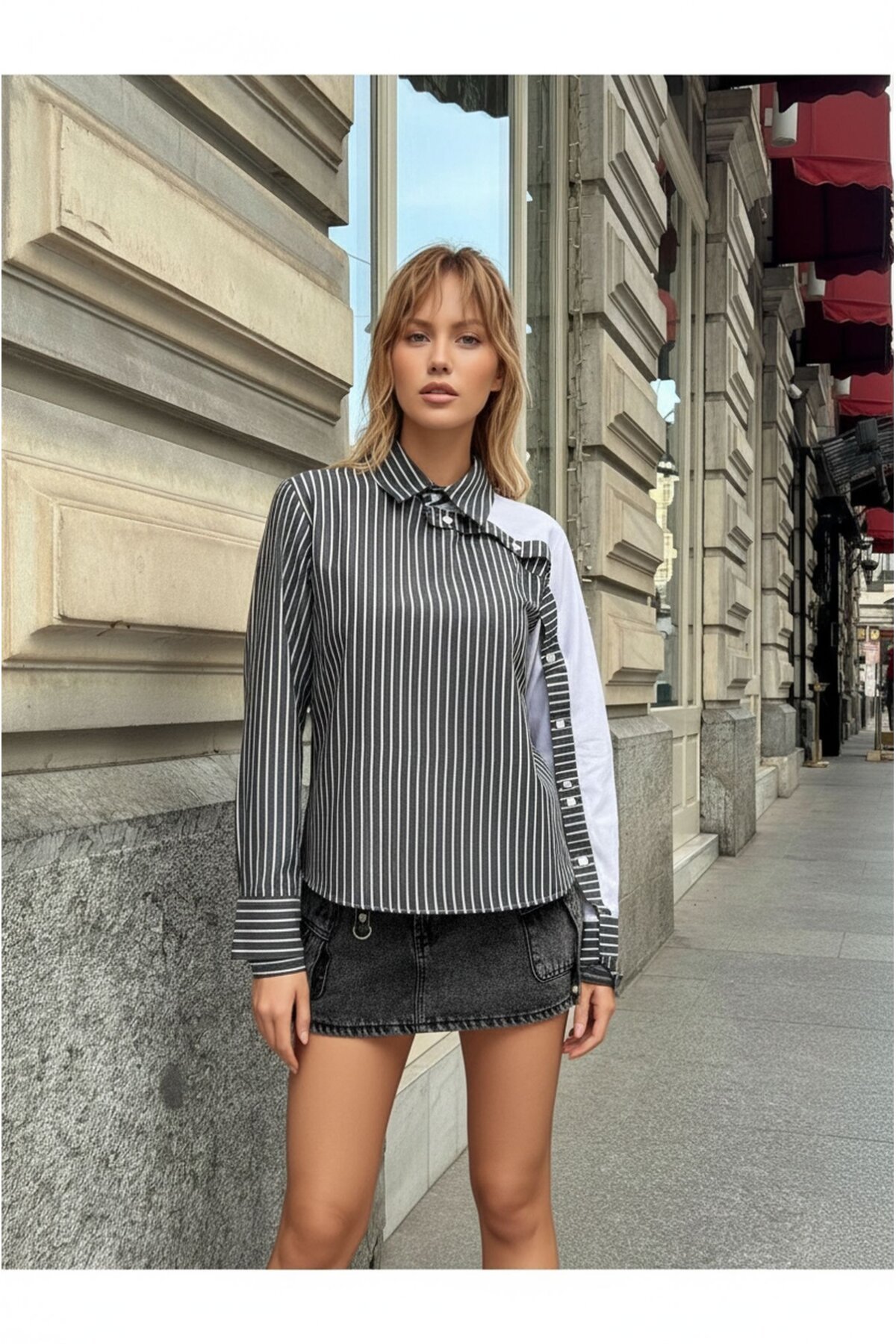 Kadın Tasarım Tesettüre Uygun Etek Üstü Uzun Boy Pamuklu Şık Yaka Kapalı Gömlek