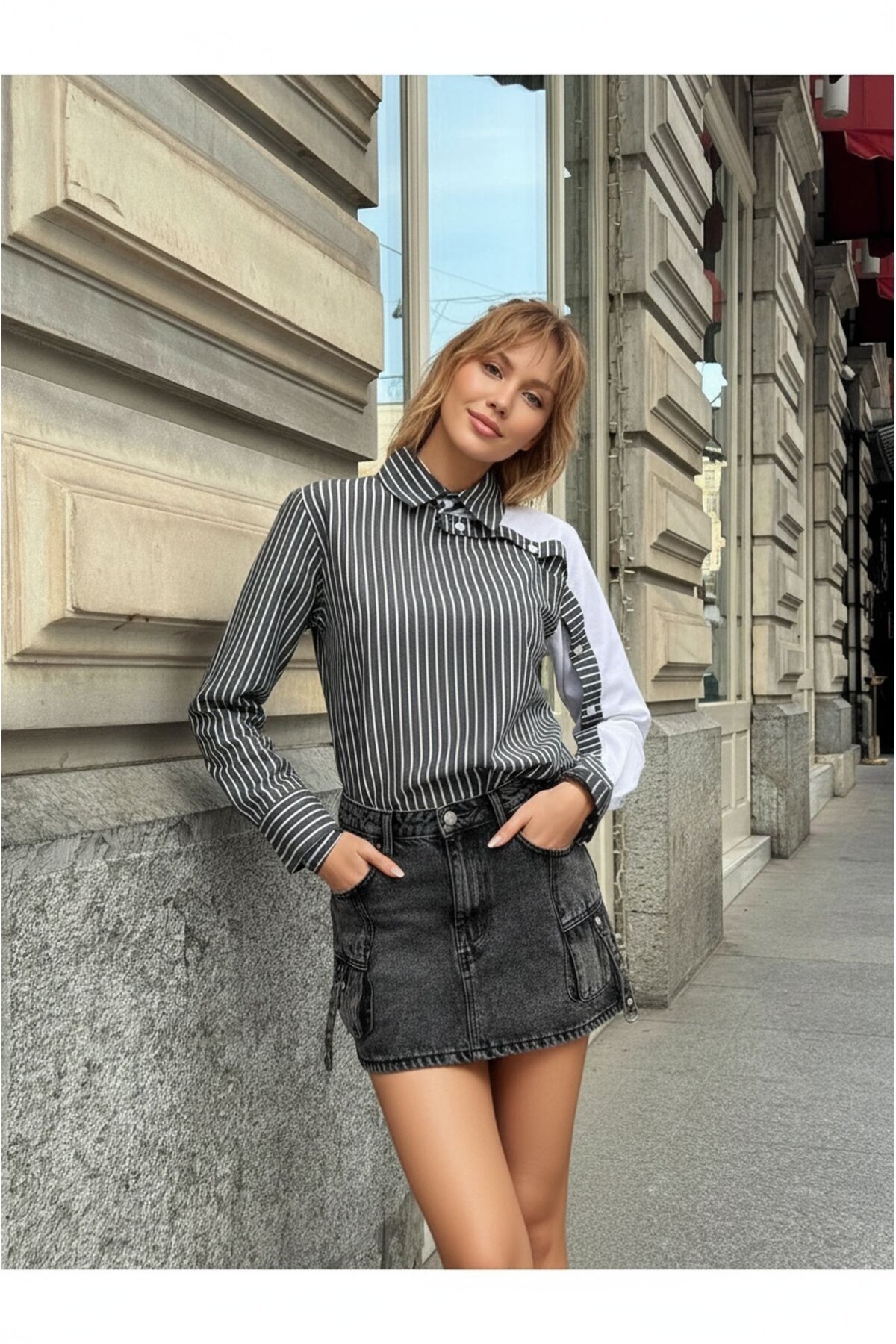 Kadın Tasarım Tesettüre Uygun Etek Üstü Uzun Boy Pamuklu Şık Yaka Kapalı Gömlek