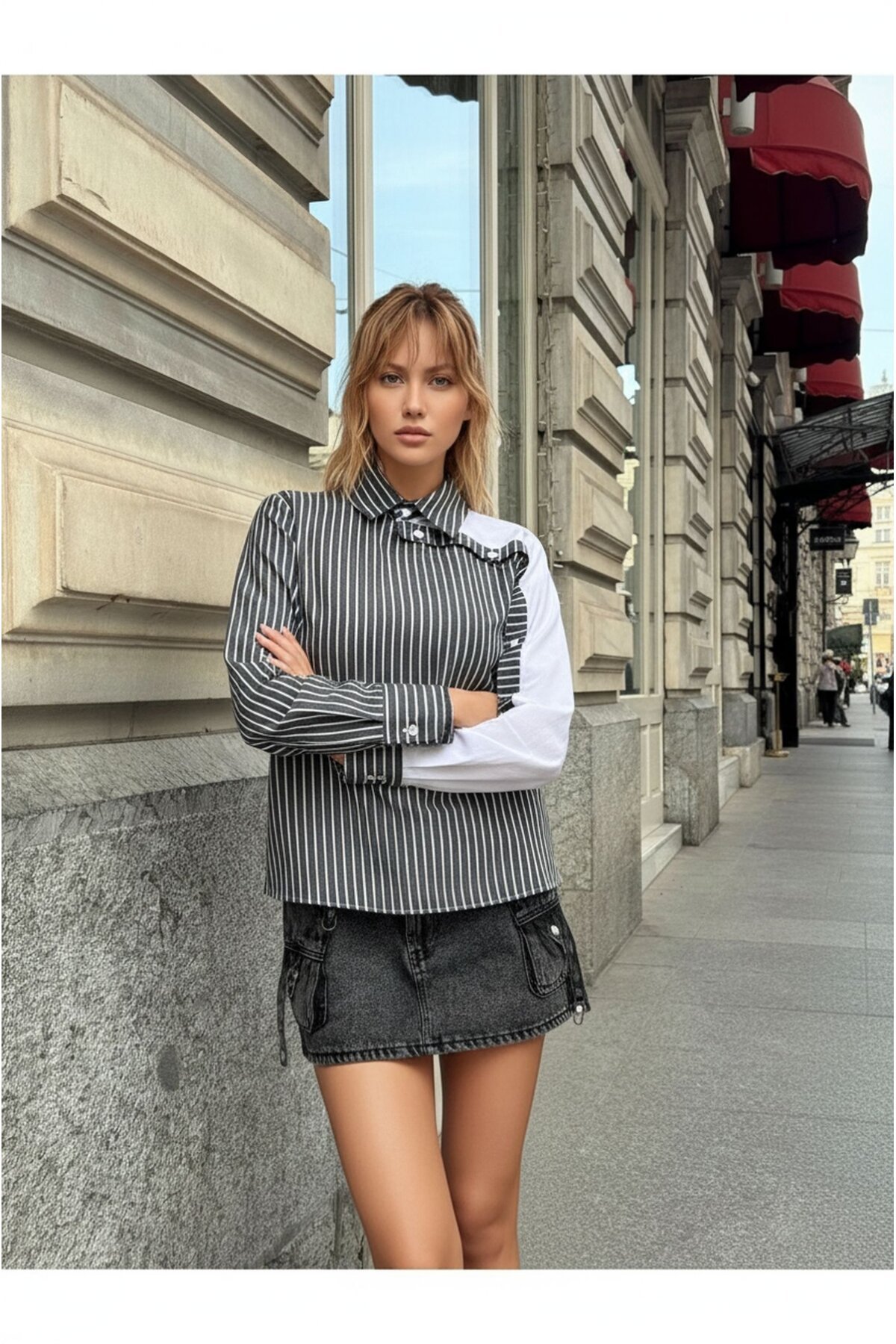 Kadın Tasarım Tesettüre Uygun Etek Üstü Uzun Boy Pamuklu Şık Yaka Kapalı Gömlek