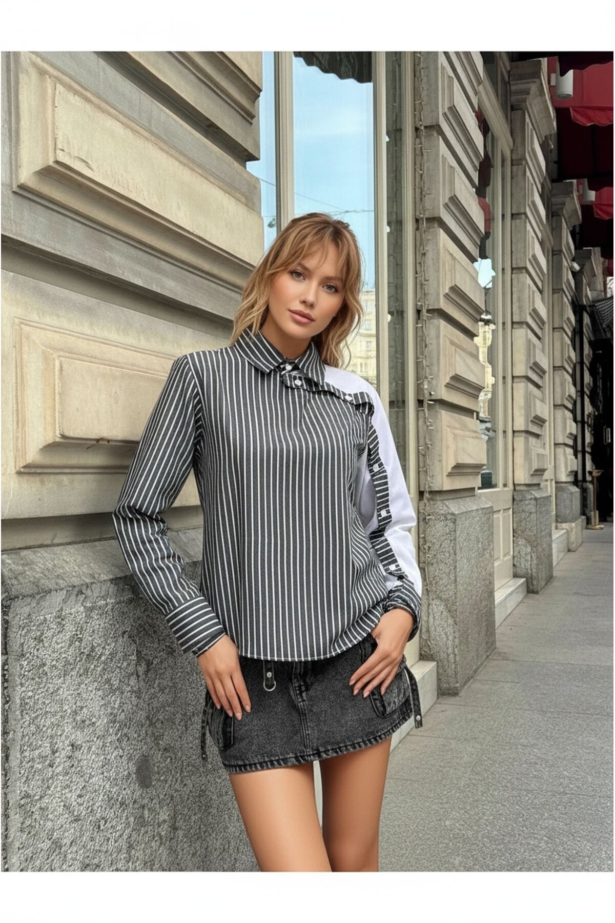 Kadın Tasarım Tesettüre Uygun Etek Üstü Uzun Boy Pamuklu Şık Yaka Kapalı Gömlek