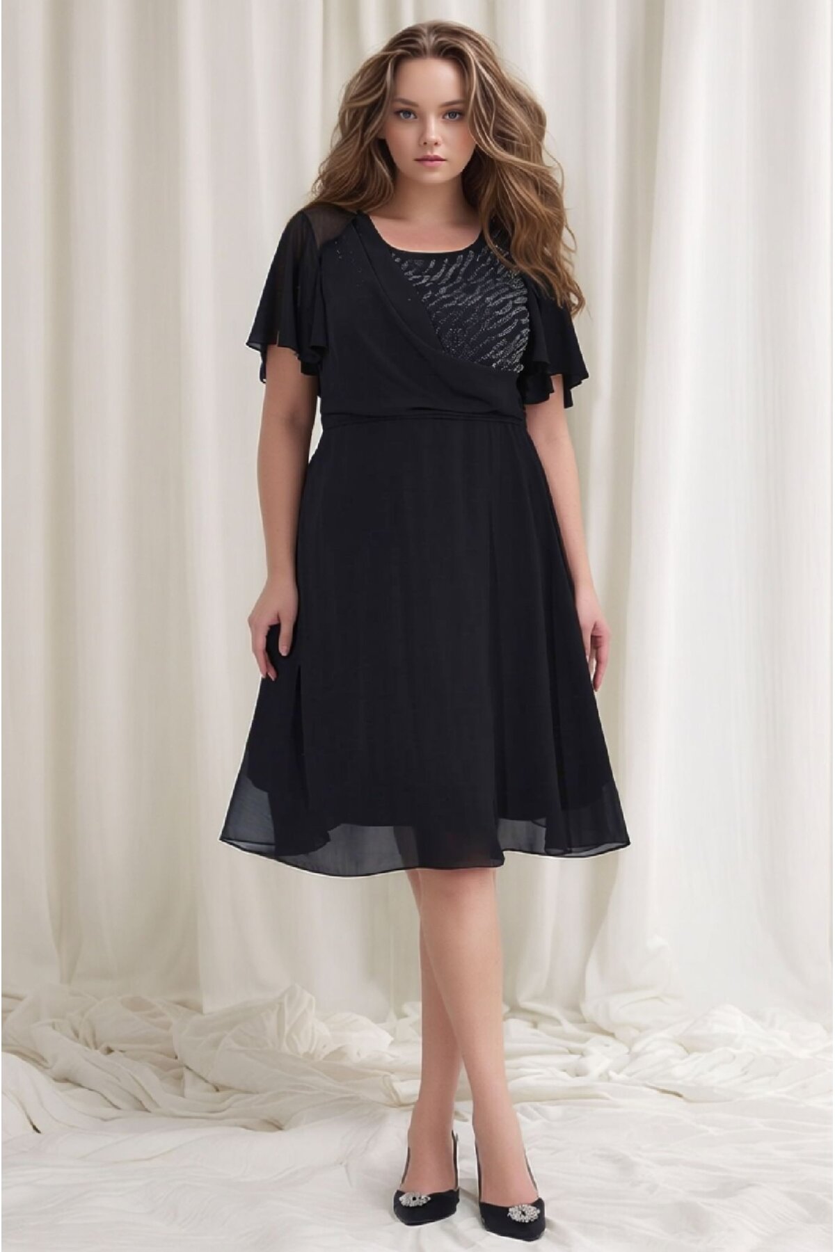 Kadın Taşlı Bisiklet Yaka Belden Oturmalı Şık Abiye Curve Büyük Beden Gece Elbise