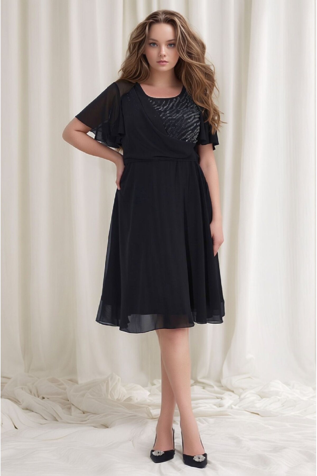 Kadın Taşlı Bisiklet Yaka Belden Oturmalı Şık Abiye Curve Büyük Beden Gece Elbise