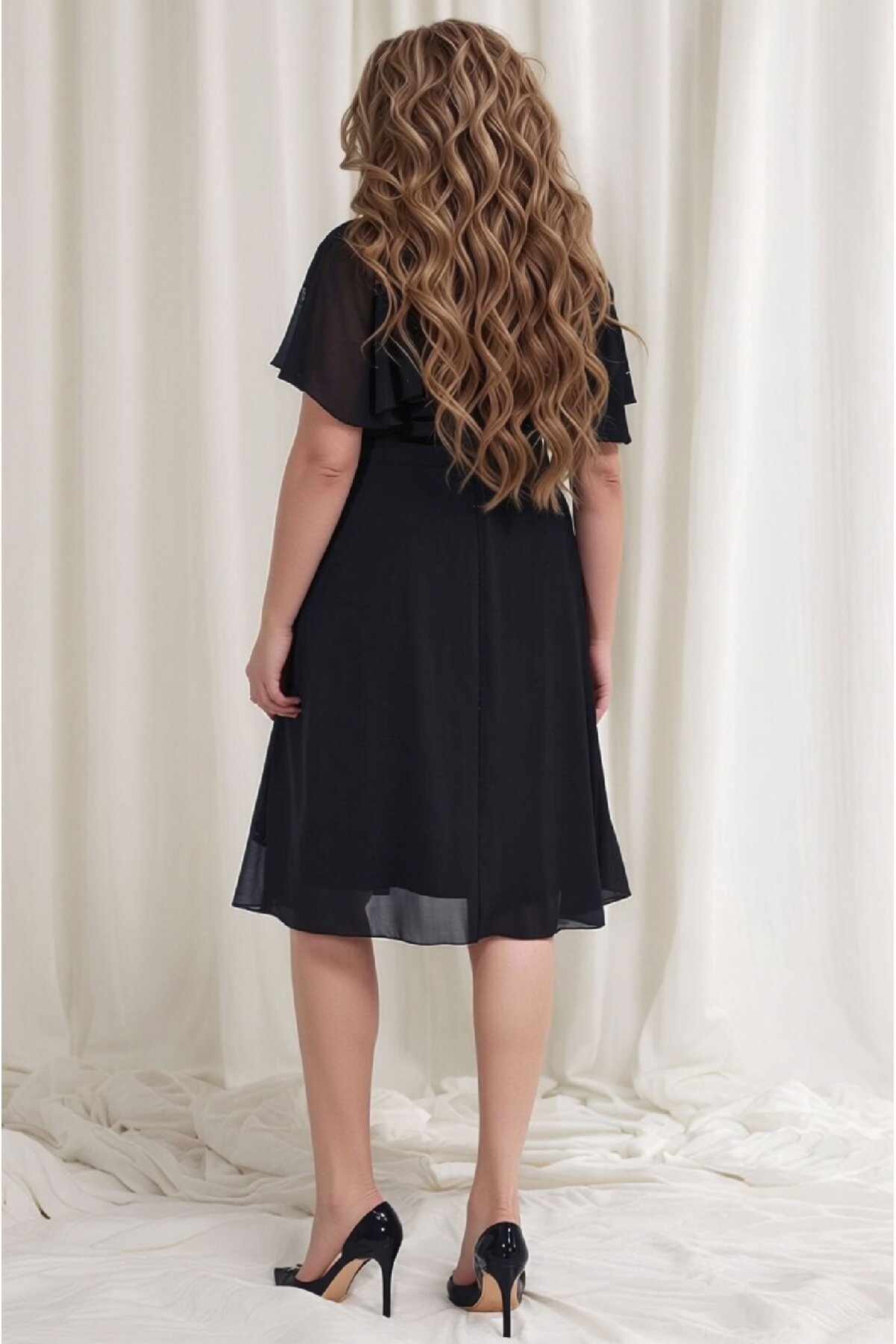 Kadın Taşlı Bisiklet Yaka Belden Oturmalı Şık Abiye Curve Büyük Beden Gece Elbise