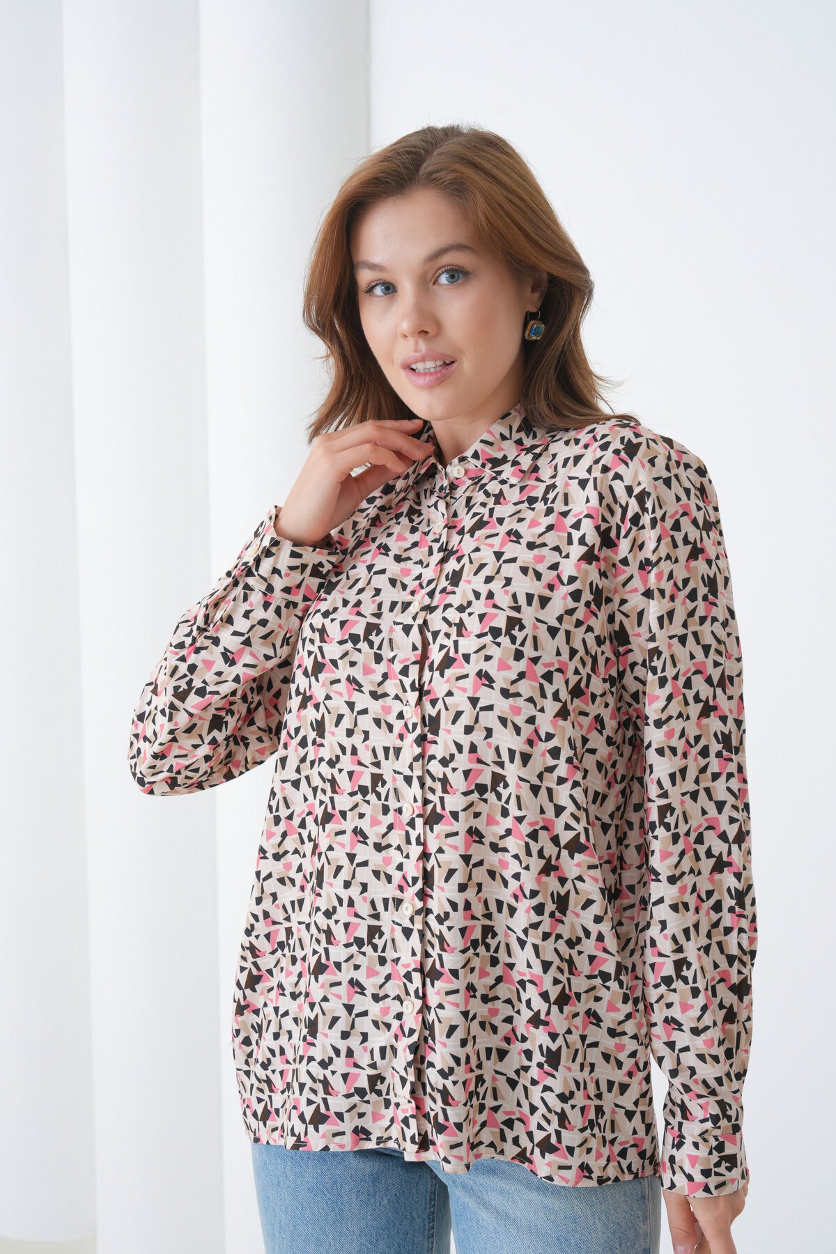 Kadın Tesettüre Uygun Desenli Uzun Kol Pamuk Şık Büyük Beden Curve Rahat Gömlek