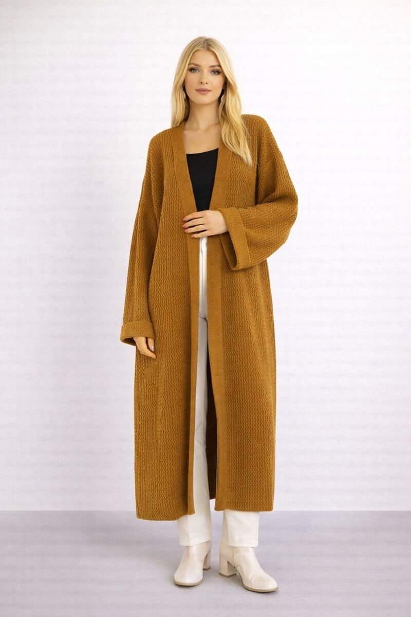 Kadın Tesettüre Uygun Maxi Boy Uzun Kol Spor Şık Örgü Triko Curve Uyumlu Hırka Ceket