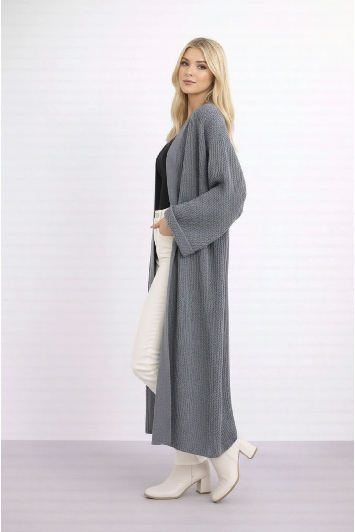 Kadın Tesettüre Uygun Maxi Boy Uzun Kol Spor Şık Örgü Triko Curve Uyumlu Hırka Ceket